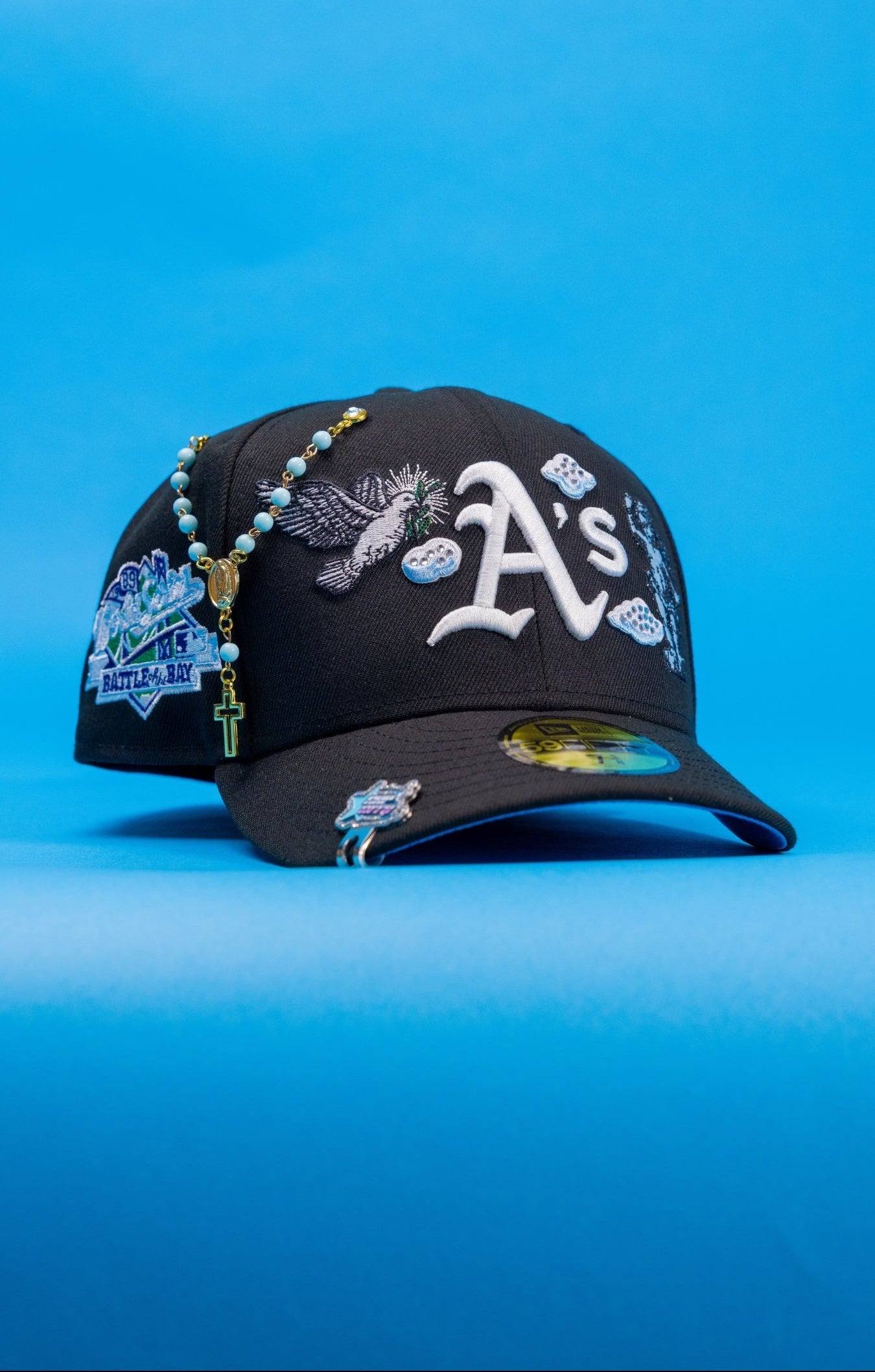 NEW ERA EXCLUSIVE 59FIFTY BLACK OAKLAND ATHLETICS "HEAVENLY CITY" W/ BATTLE OF THE BAYSIDE PATCH