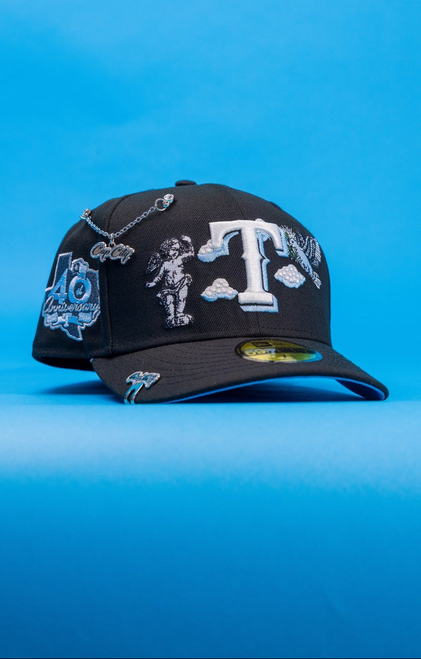 NEW ERA EXCLUSIVE 59FIFTY BLACK TEXAS RANGERS "HEAVENLY CITY" W/ 40TH ANNIVERSARY SIDE PATCH