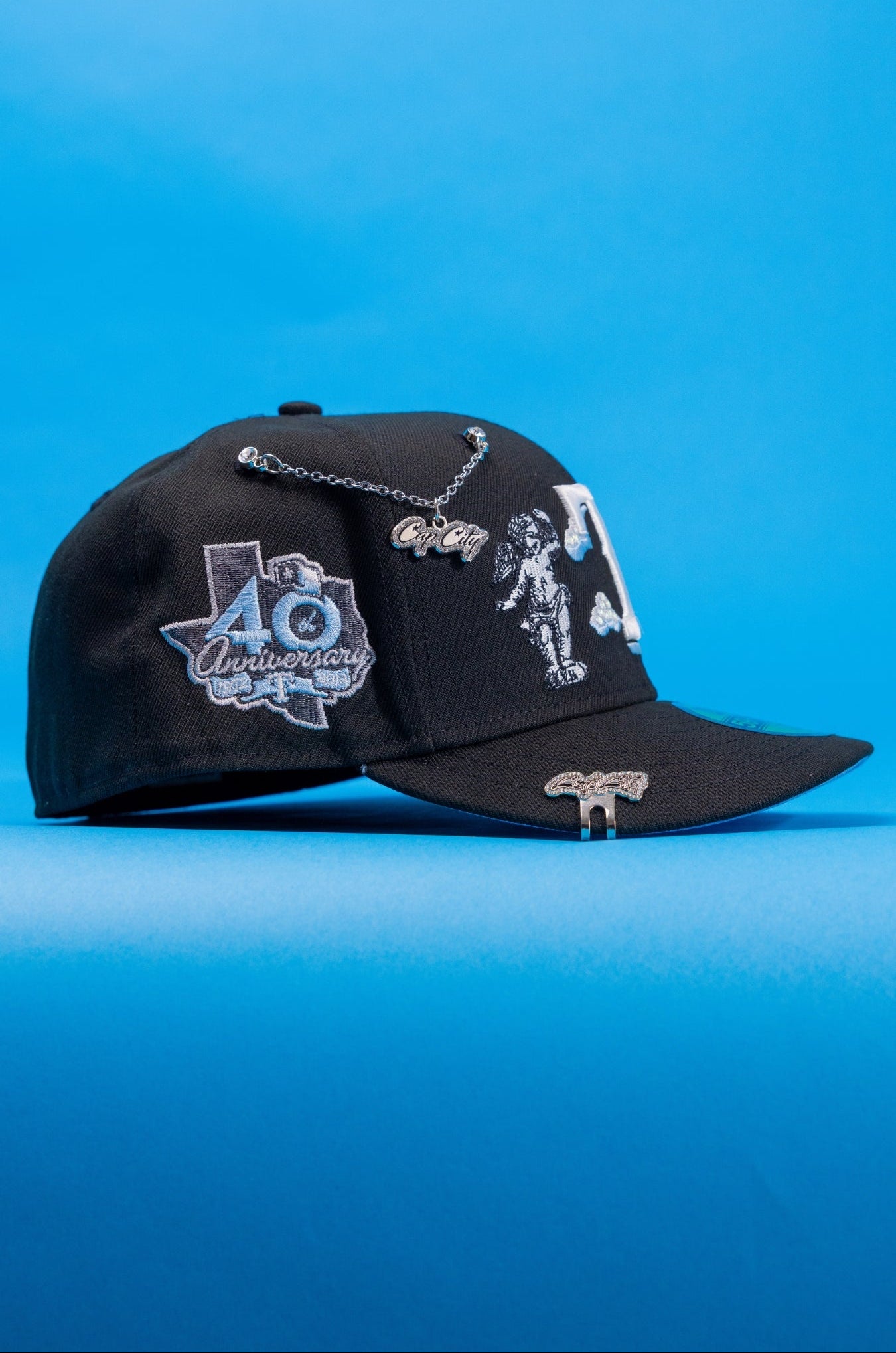 NEW ERA EXCLUSIVE 59FIFTY BLACK TEXAS RANGERS "HEAVENLY CITY" W/ 40TH ANNIVERSARY SIDE PATCH
