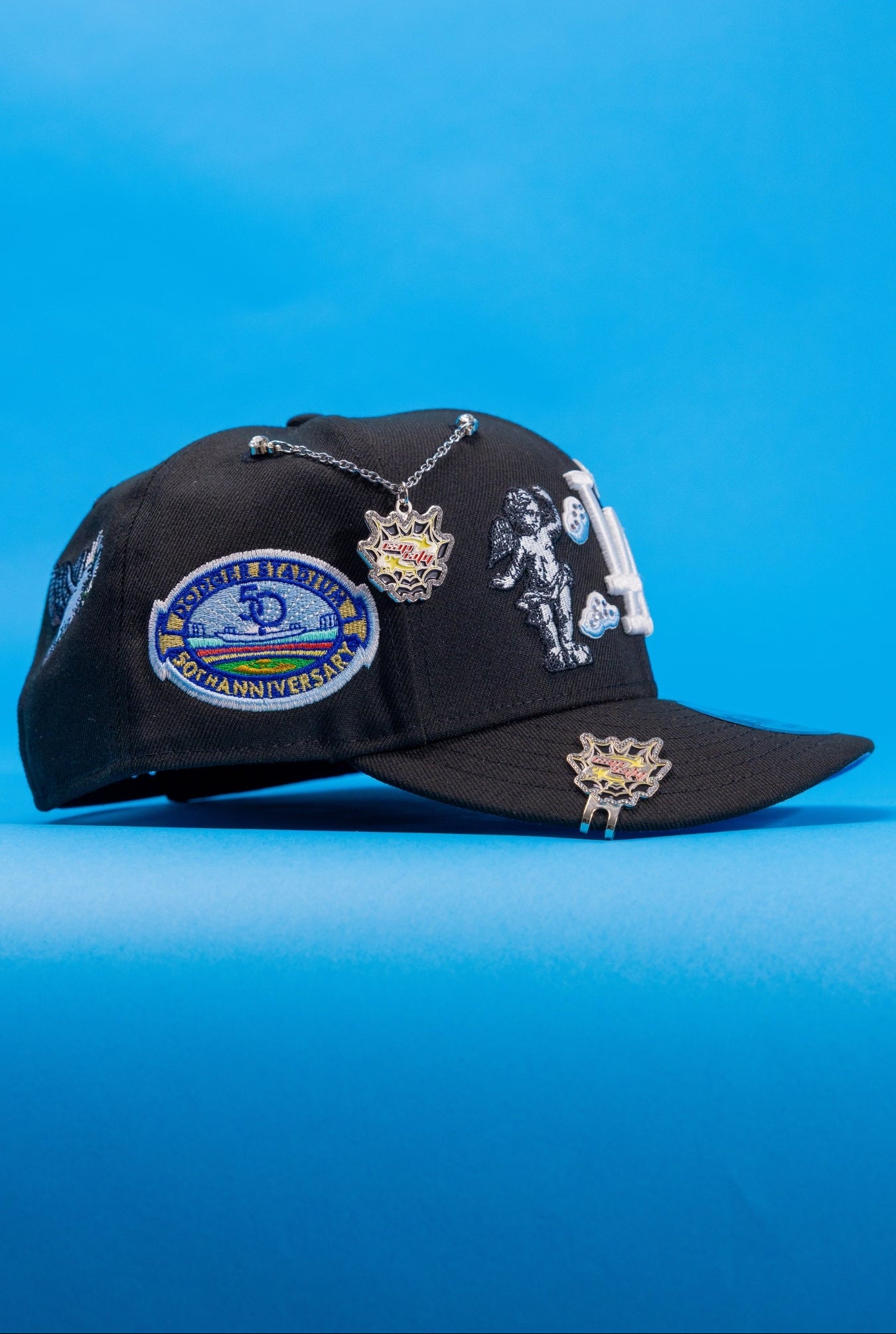 NEW ERA EXCLUSIVE 9FIFTY BLACK LOS ANGELES DODGERS "HEAVENLY CITY" SNAPBACK W/ 50TH ANNIVERSARY SIDE PATCH