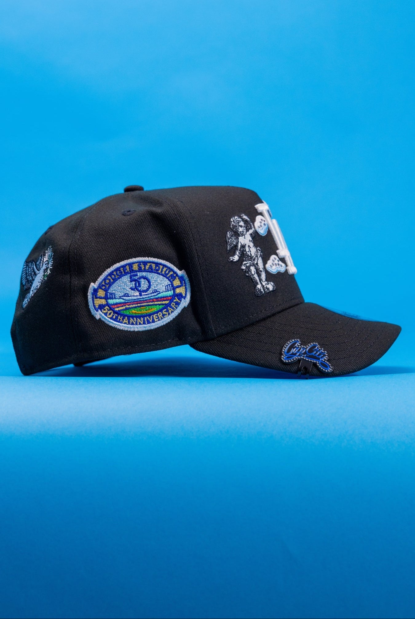 NEW ERA EXCLUSIVE 9FIFTY A-FRAME BLACK LOS ANGELES DODGERS "HEAVENLY CITY" W/ 50TH ANNIVERSARY SIDE PATCH