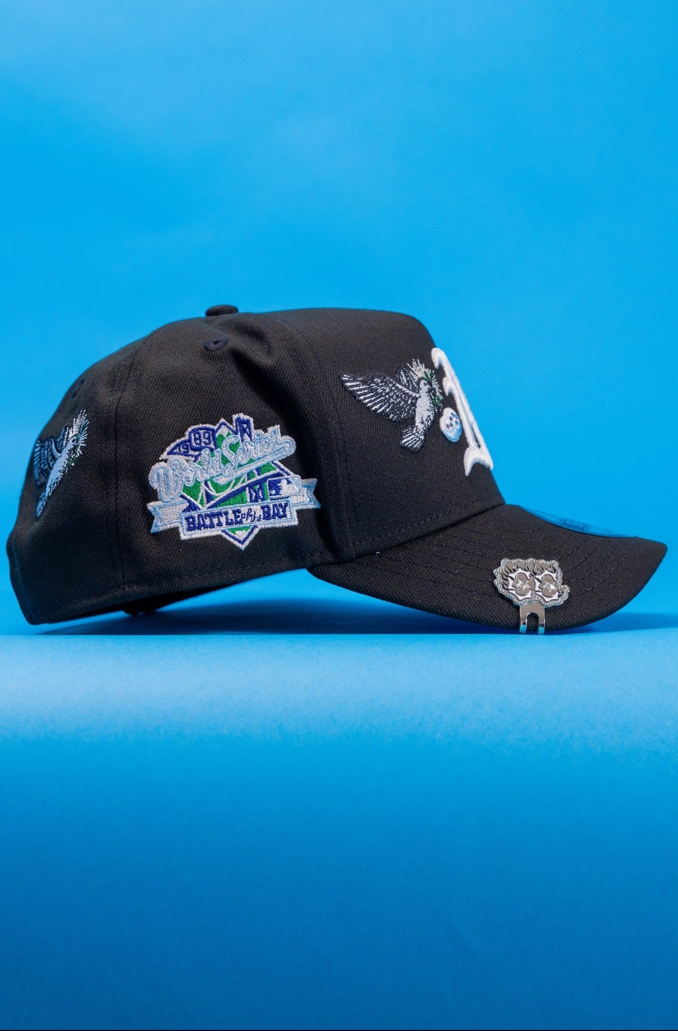 NEW ERA EXCLUSIVE 9FIFTY A-FRAME BLACK OAKLAND ATHLETICS "HEAVENLY CITY" W/ BATTLE OF THE BAY SIDE PATCH
