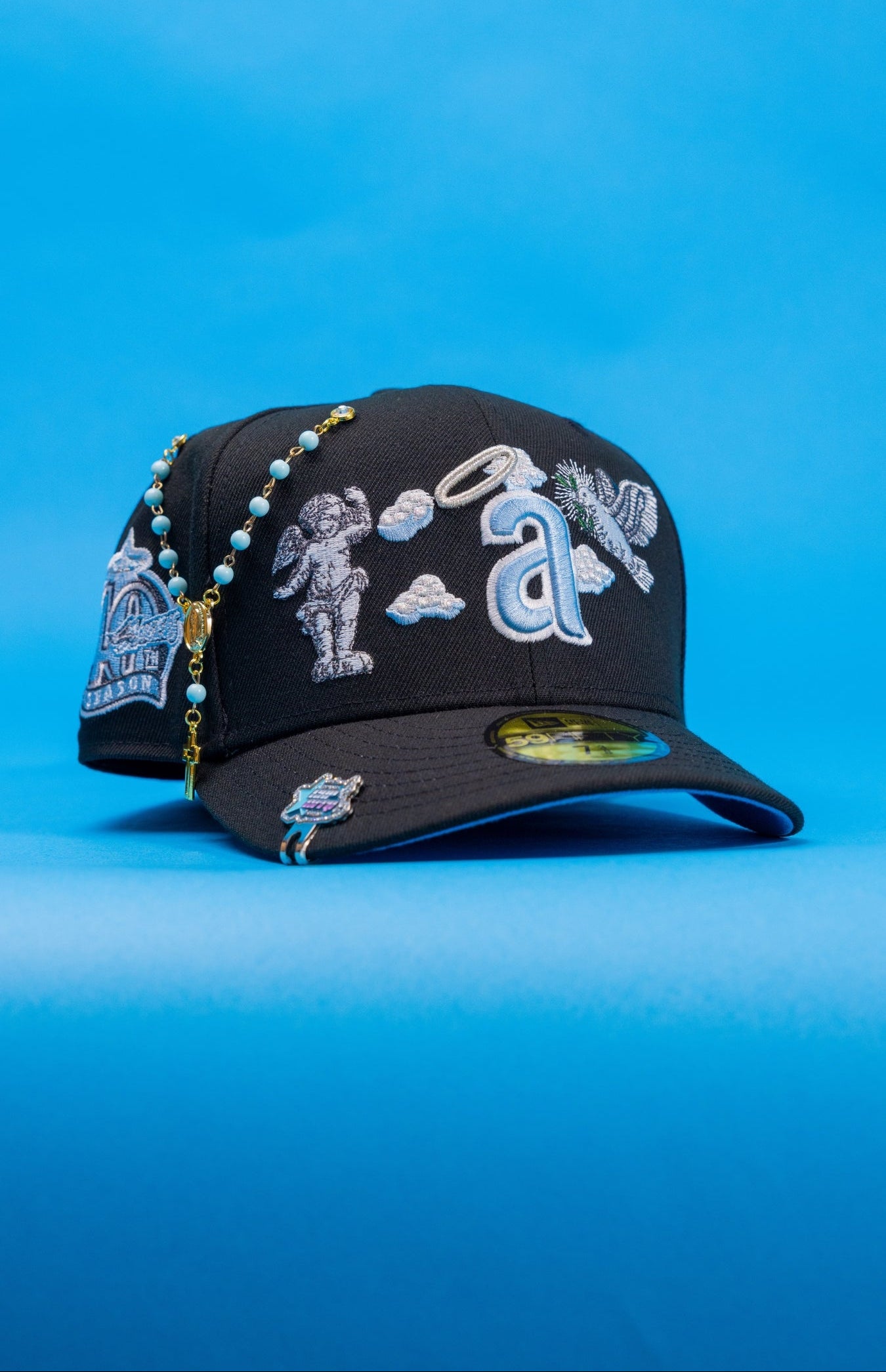 NEW ERA EXCLUSIVE 59FIFTY BLACK ANAHEIM ANGELS "HEAVENLY CITY" W/ 40TH ANNIVERSARY SIDE PATCH