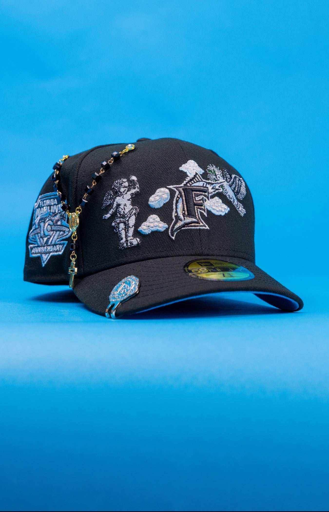 NEW ERA EXCLUSIVE 59FIFTY BLACK MIAMI MARLINS "HEAVENLY CITY" W/ 10TH ANNIVERSARY SIDE PATCH