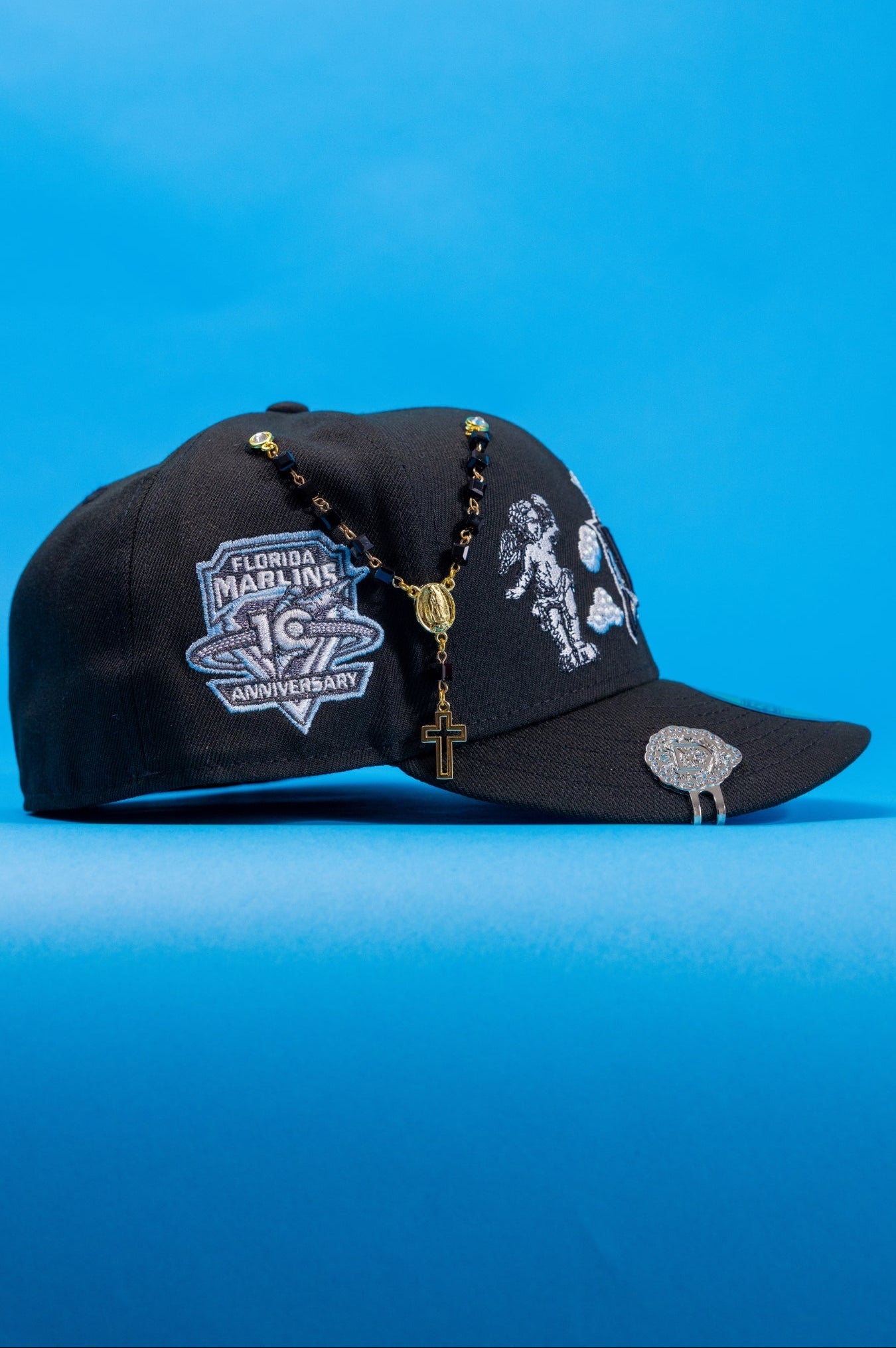NEW ERA EXCLUSIVE 59FIFTY BLACK MIAMI MARLINS "HEAVENLY CITY" W/ 10TH ANNIVERSARY SIDE PATCH