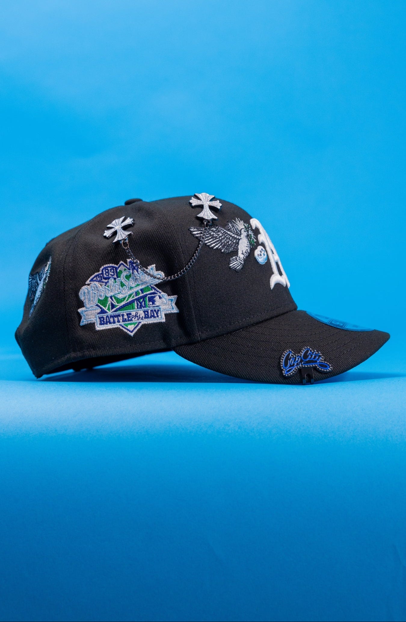 NEW ERA EXCLUSIVE 9FIFTY BLACK OAKLAND ATHLETICS "HEAVENLY CITY" SNAPBACK W/ BATTLE OF THE BAY SIDE PATCH
