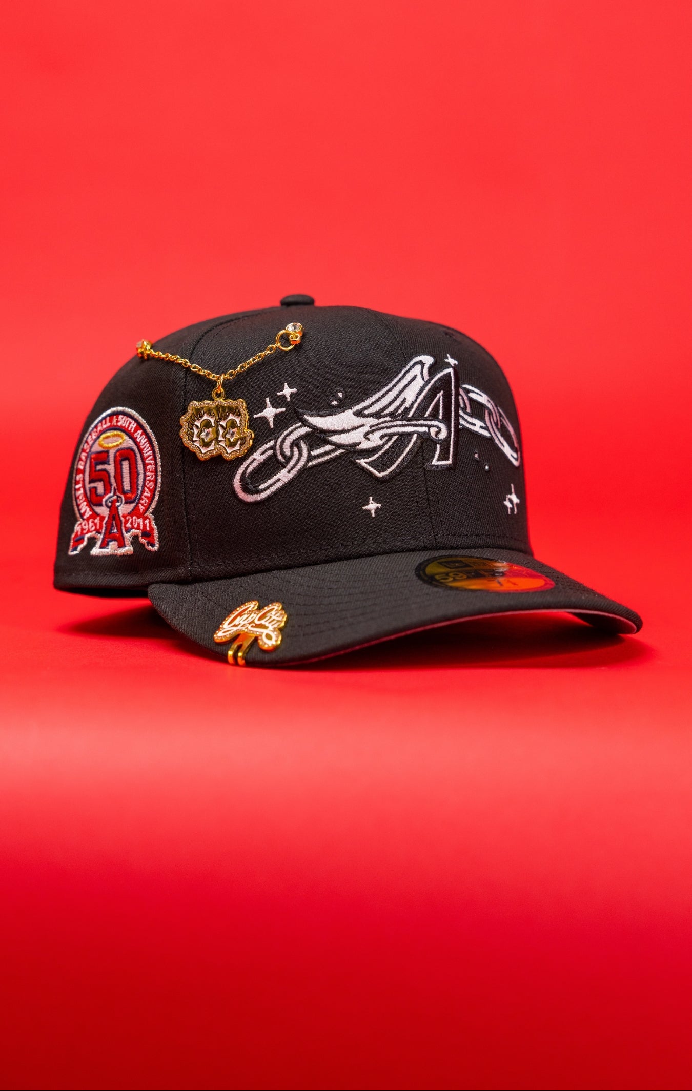 NEW ERA EXCLUSIVE 59FIFTY BLACK ANAHEIM ANGELS W/ EMBROIDERY + 50TH ANNIVERSARY SIDE PATCH