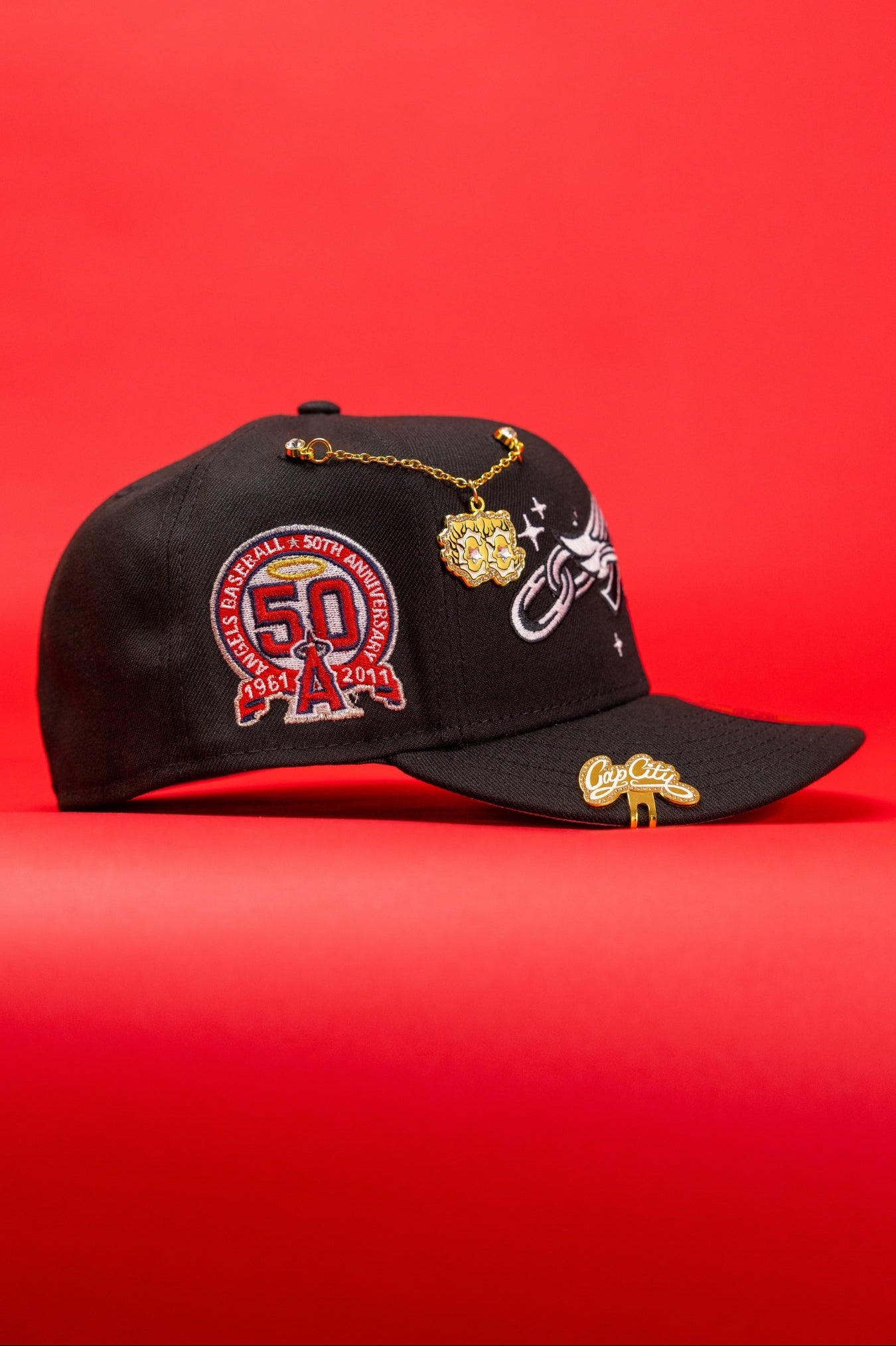 NEW ERA EXCLUSIVE 59FIFTY BLACK ANAHEIM ANGELS W/ EMBROIDERY + 50TH ANNIVERSARY SIDE PATCH