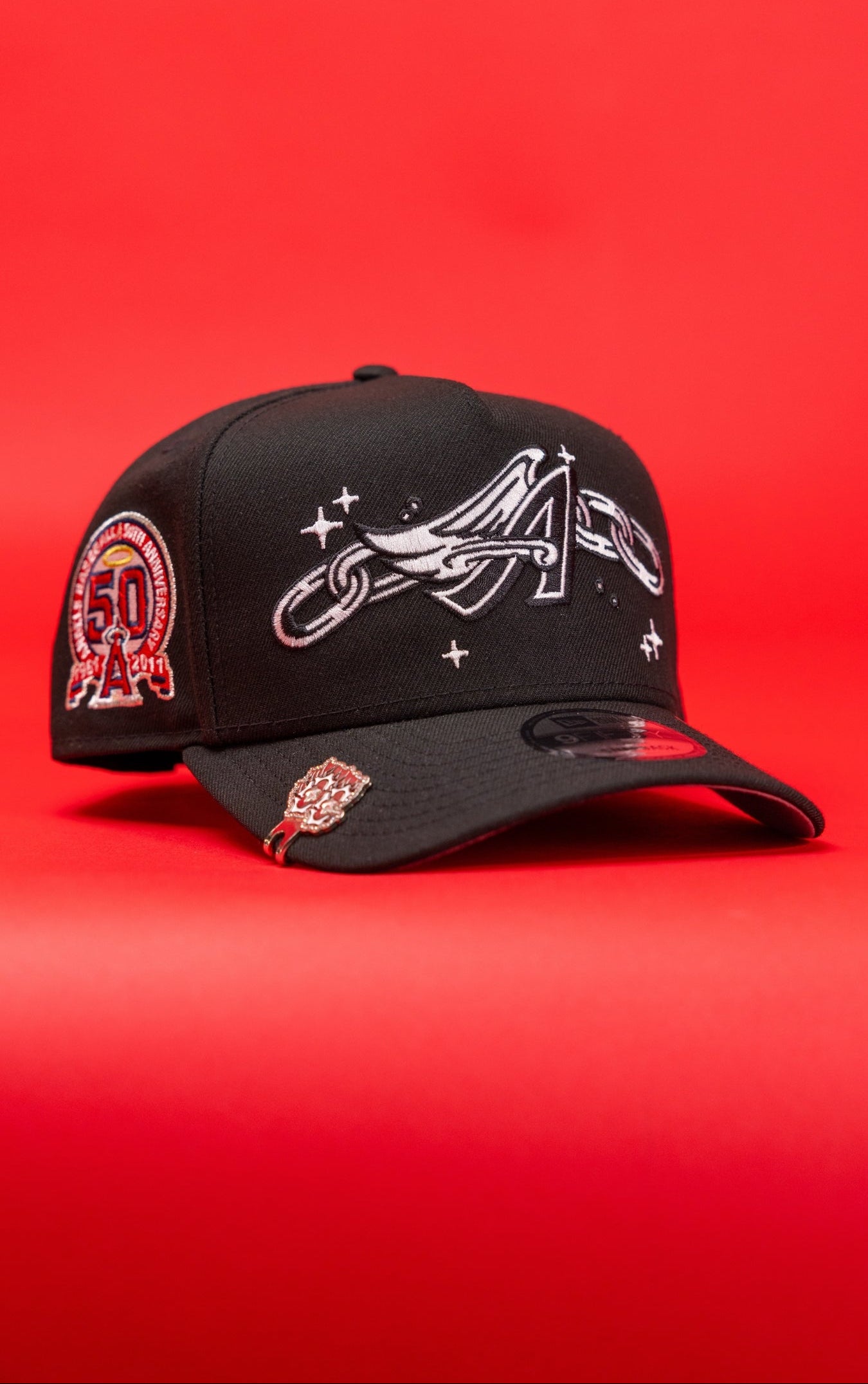NEW ERA 9FIFTY A-FRAME BLACK ANAHEIM ANGELS SNAPBACK W/ EMBROIDERY + 50TH ANNIVERSARYS SIDE PATCH