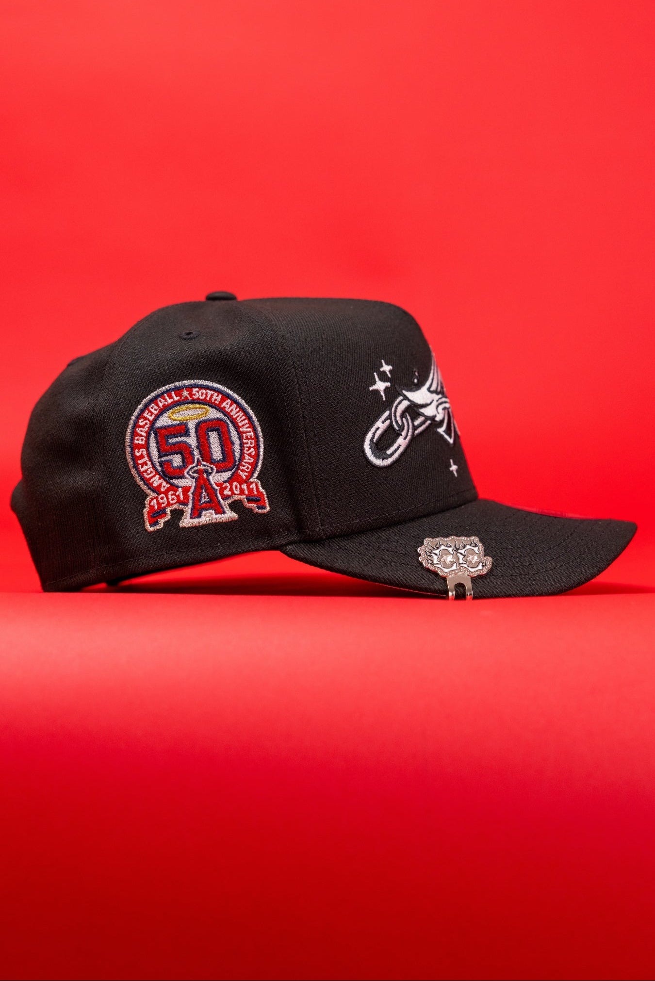 NEW ERA 9FIFTY A-FRAME BLACK ANAHEIM ANGELS SNAPBACK W/ EMBROIDERY + 50TH ANNIVERSARYS SIDE PATCH
