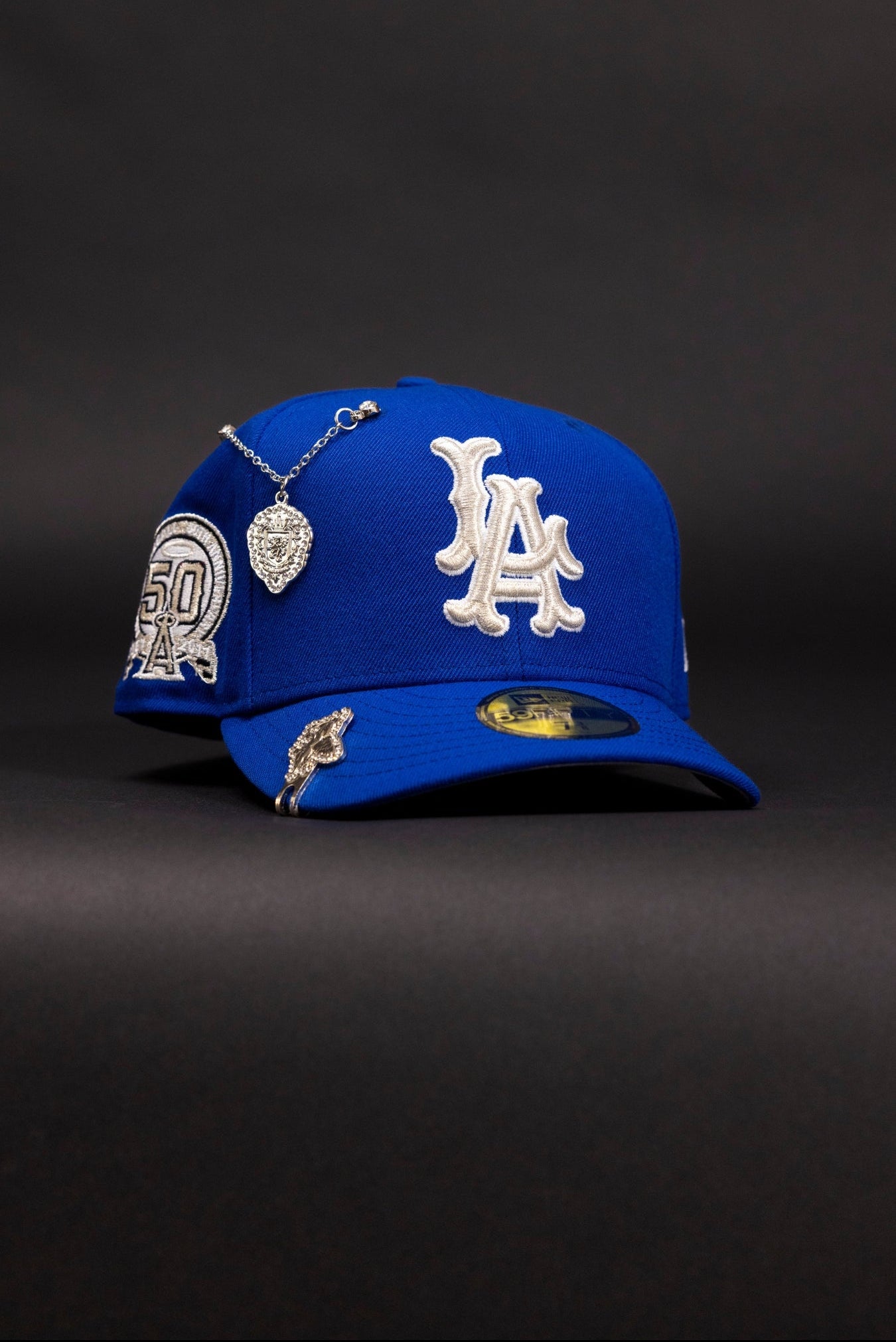 NEW ERA EXCLUSIVE 59FIFTY BLUE LOS ANGELES ANGELS W/ 50TH ANNIVERSARY SIDE PATCH