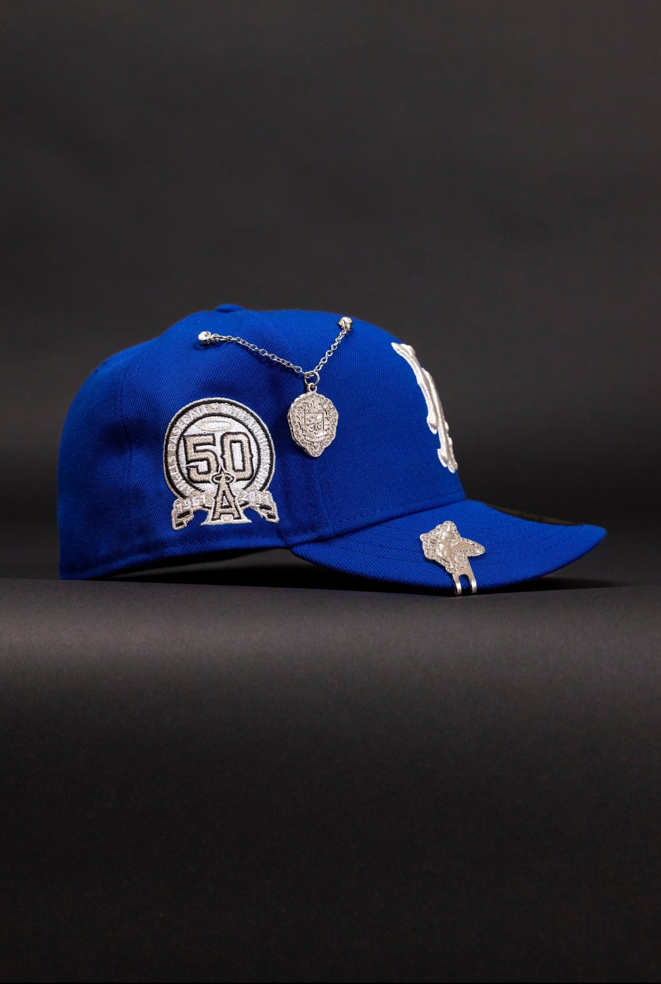 NEW ERA EXCLUSIVE 59FIFTY BLUE LOS ANGELES ANGELS W/ 50TH ANNIVERSARY SIDE PATCH