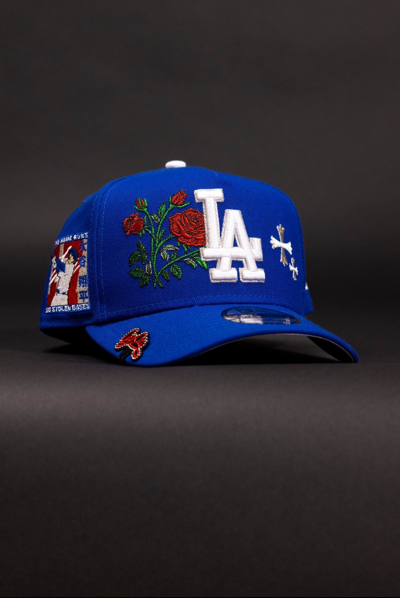 NEW ERA 9FIFTY A-FRAME BLUE LOS ANGELES DODGERS SNAPBACK W/ BLOOMING ROSE + SHOHEI OHTANI 50-50 CLUB SIDE PATCH