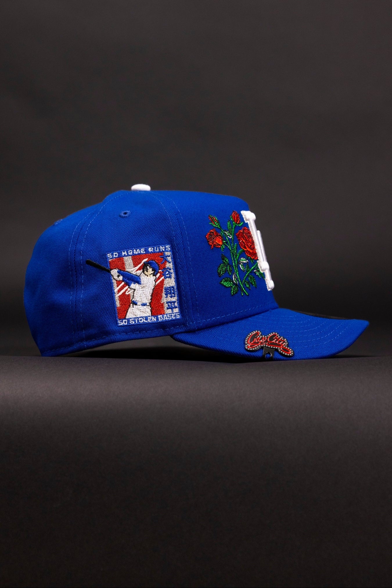 NEW ERA 9FIFTY A-FRAME BLUE LOS ANGELES DODGERS SNAPBACK W/ BLOOMING ROSE + SHOHEI OHTANI 50-50 CLUB SIDE PATCH