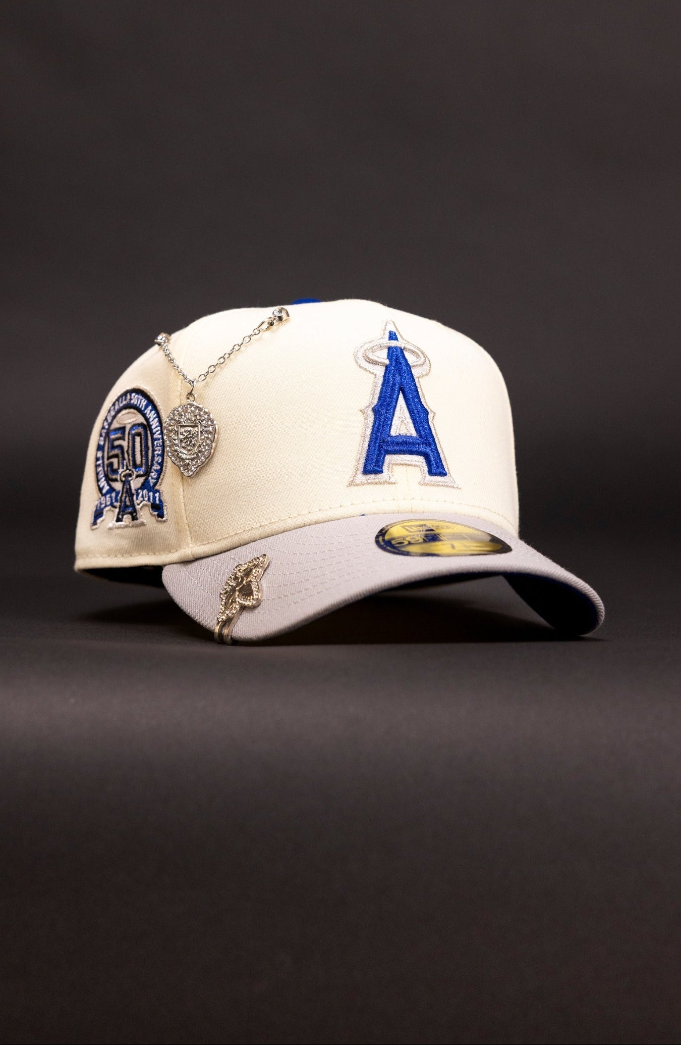 NEW ERA EXCLUSIVE 59FIFTY CHROME/GREY ANAHEIM ANGELS W/ 50TH ANNIVERSARY SIDE PATCH
