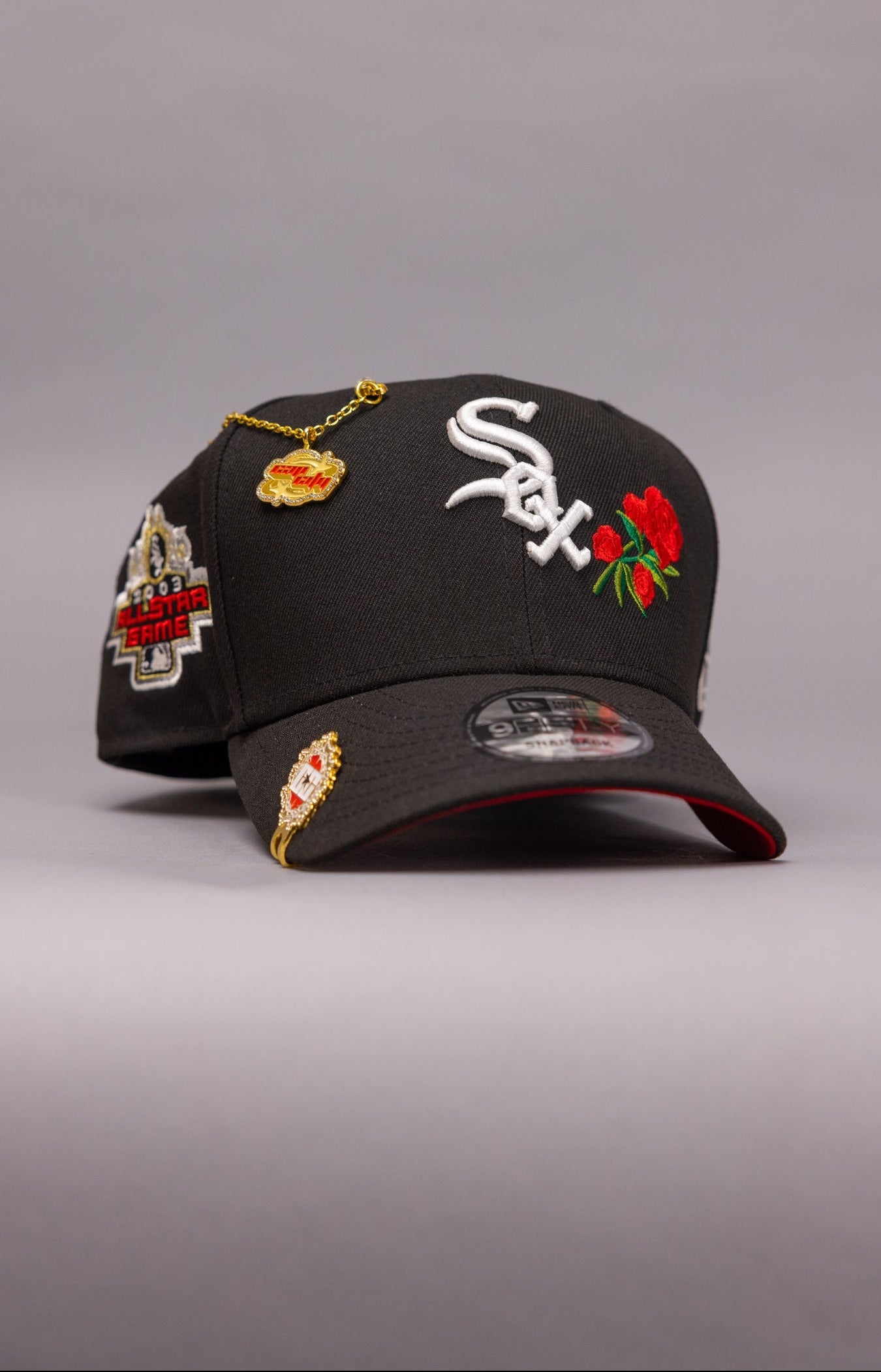 NEW ERA EXCLUSIVE 9FIFTY BLACK CHICAGO WHITE SOX SNAPBACK W/ RED ROSES + 2003 ALL STAR GAME SIDE PATCH