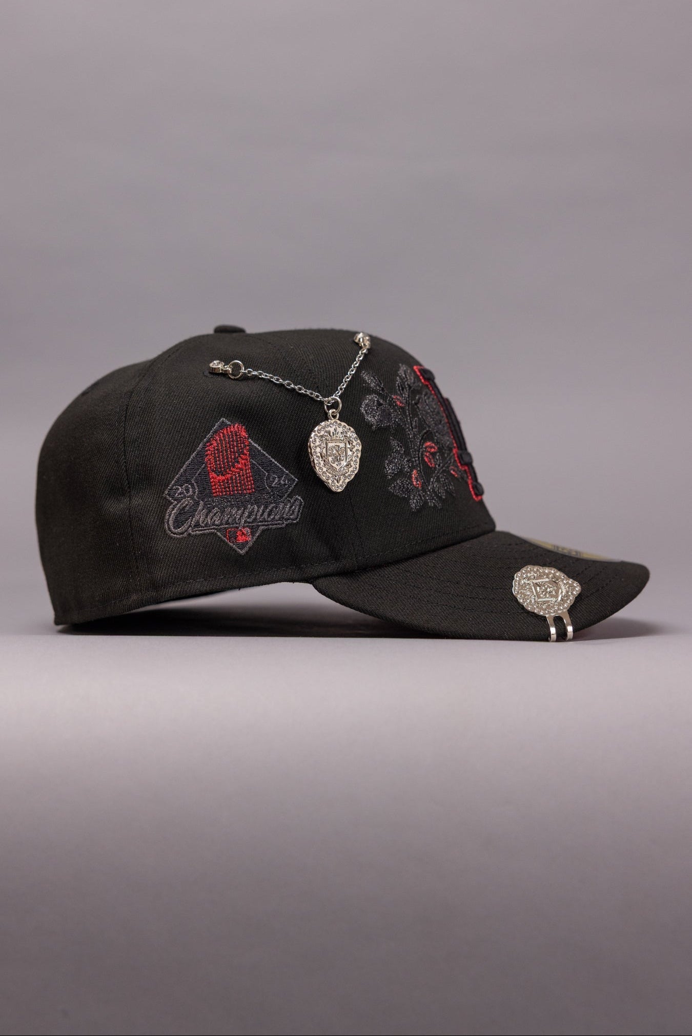 NEW ERA EXCLUSIVE 59FIFTY BLACKED OUT LOS ANGELES DODGERS W/ BLOOMING ROSE + WORLD CHAMPIONS SIDE PATCH