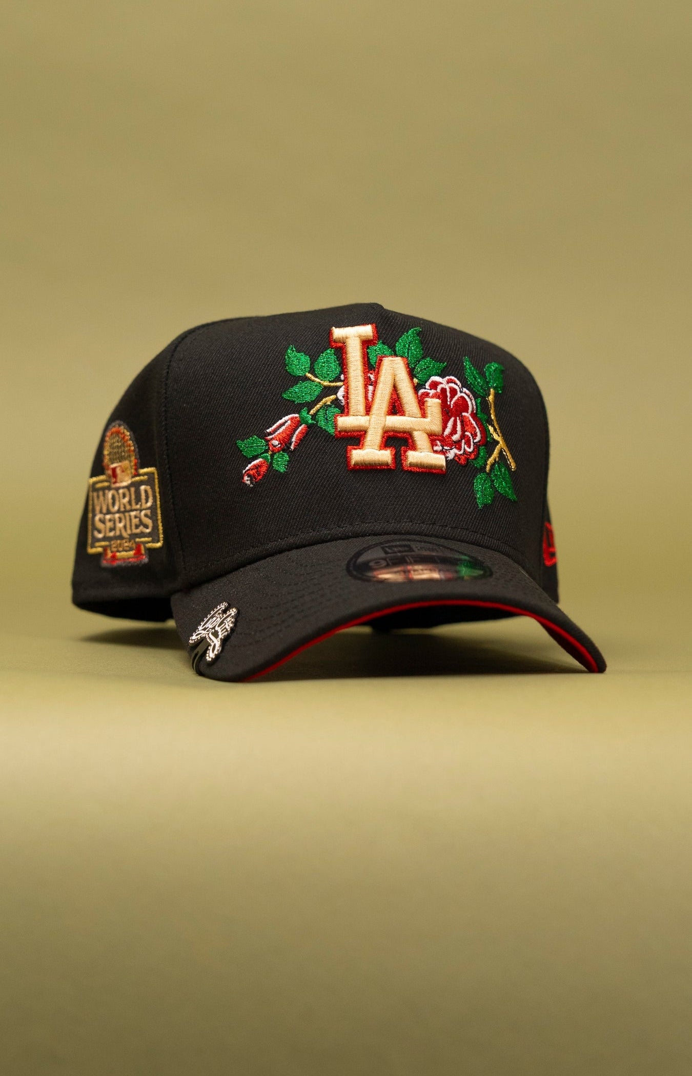NEW ERA 9FIFTY A-FRAME BLACK LOS ANGELES DODGERS SNAPBACK W/ RED ROSE + WORLD SERIES SIDE PATCH