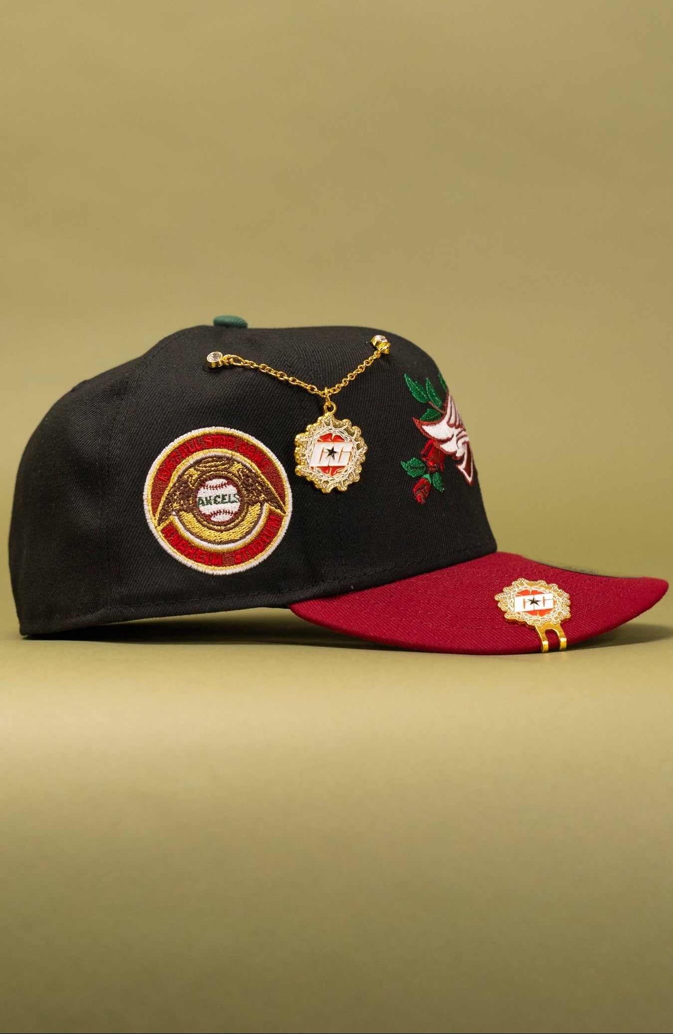NEW ERA EXCLUSIVE 59FIFTY BLACK/BURGUNDY ANAHEIM ANGELS W/ ROSE +  SIDE PATCH