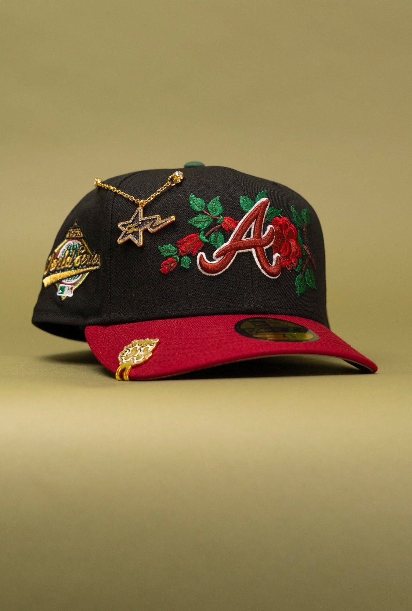 NEW ERA EXCLUSIVE 59FIFTY BLACK/BURGUNDY ATLANTA BRAVES W/ ROSE + 1993 WORLD SERIES SIDE PATCH