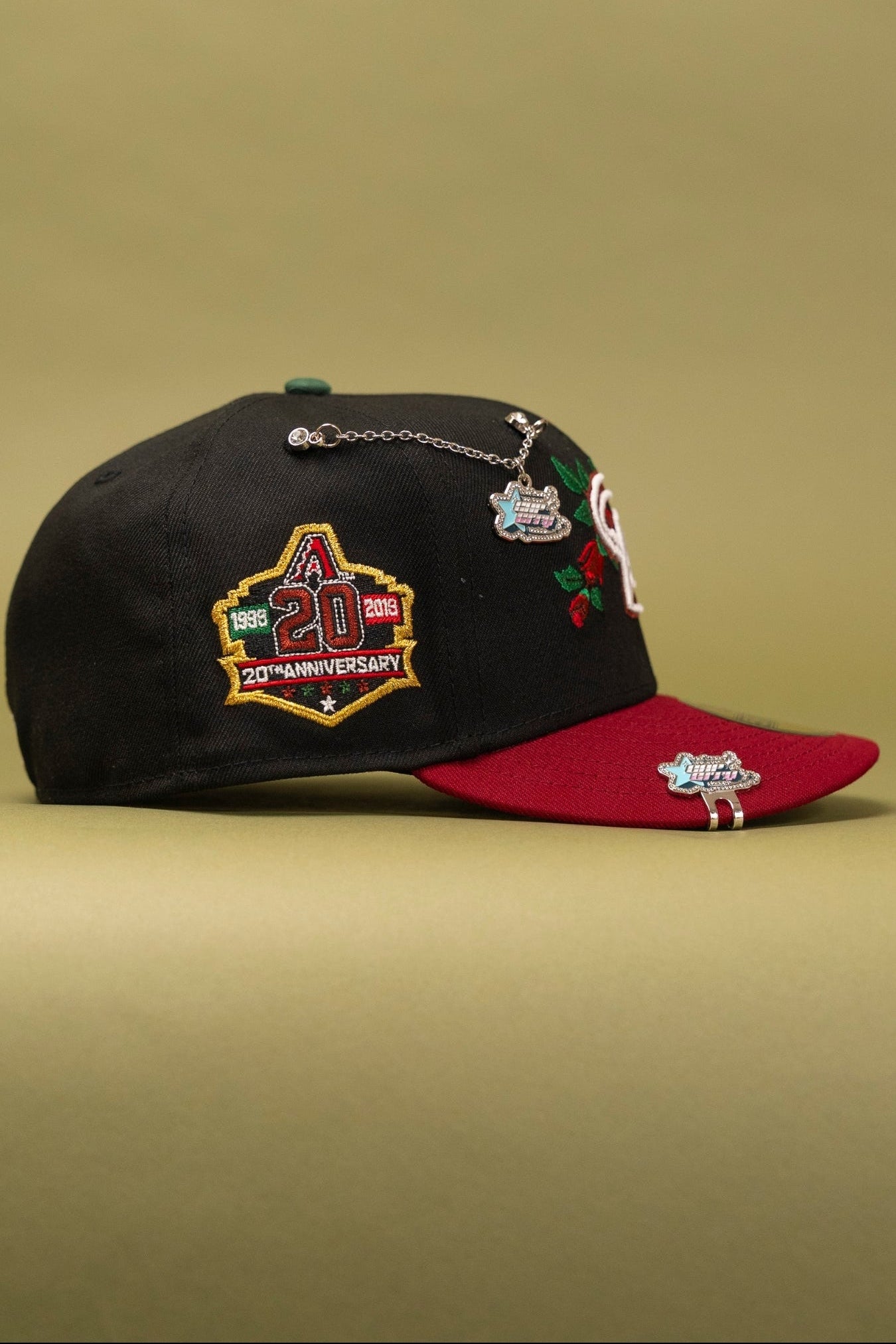NEW ERA EXCLUSIVE 59FIFTY BLACK/BURGUNDY ARIZONA DIAMONDBACKS W/ ROSE + 20TH ANNIVERSARY SIDE PATCH