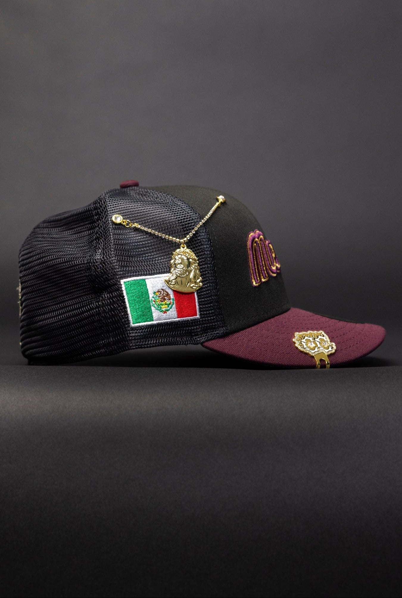 NEW ERA EXCLUSIVE 59FIFTY BLACK/BURGUNDY 2025 WBC MEXICO SCRIPT MESHBACK W/ "MEXICAN FLAG" SIDE PATCH