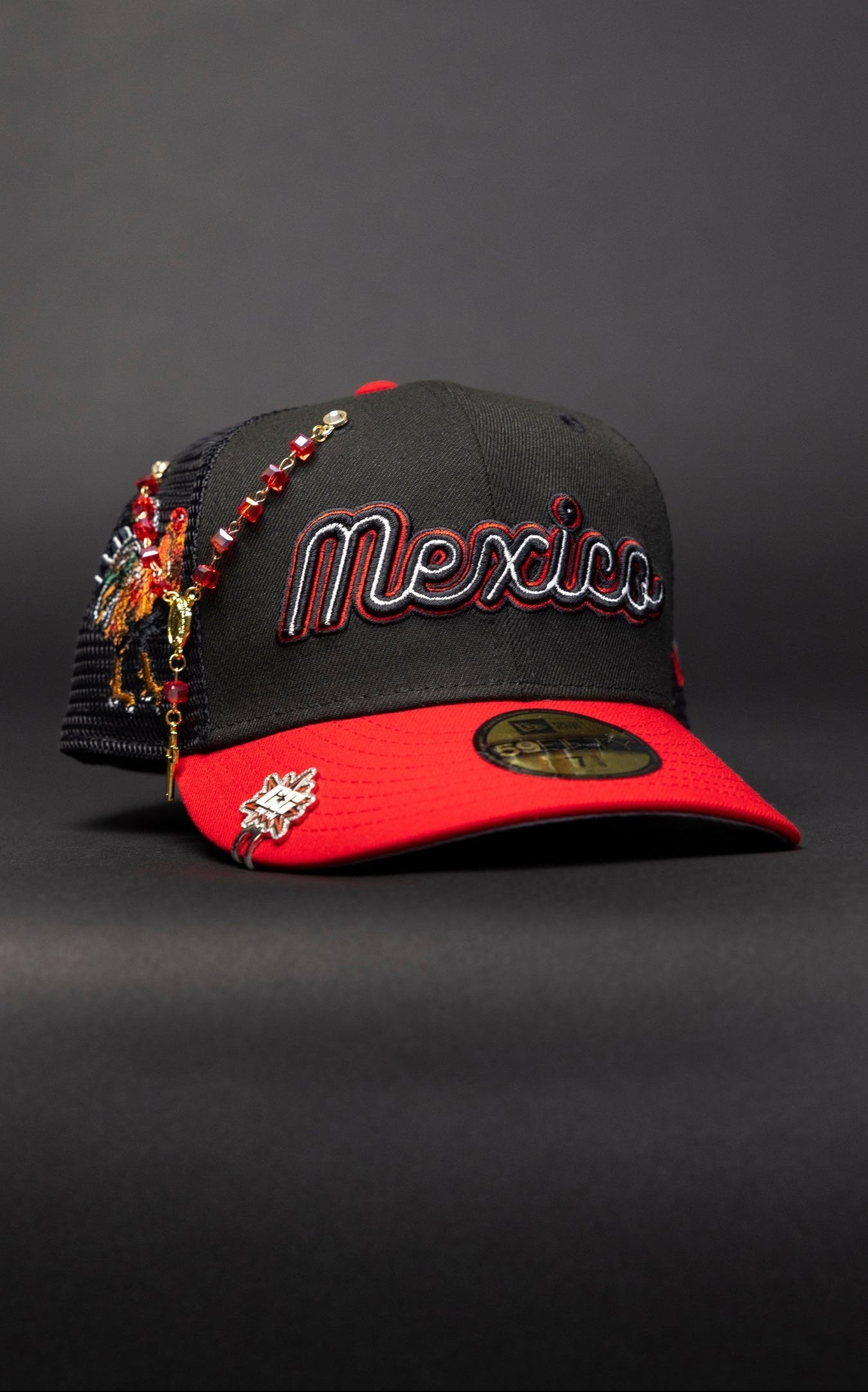 NEW ERA EXCLUSIVE 59FIFTY BLACK/RED 2025 WBC MEXICO SCRIPT MESHBACK W/ "EL GALLO" SIDE PATCH