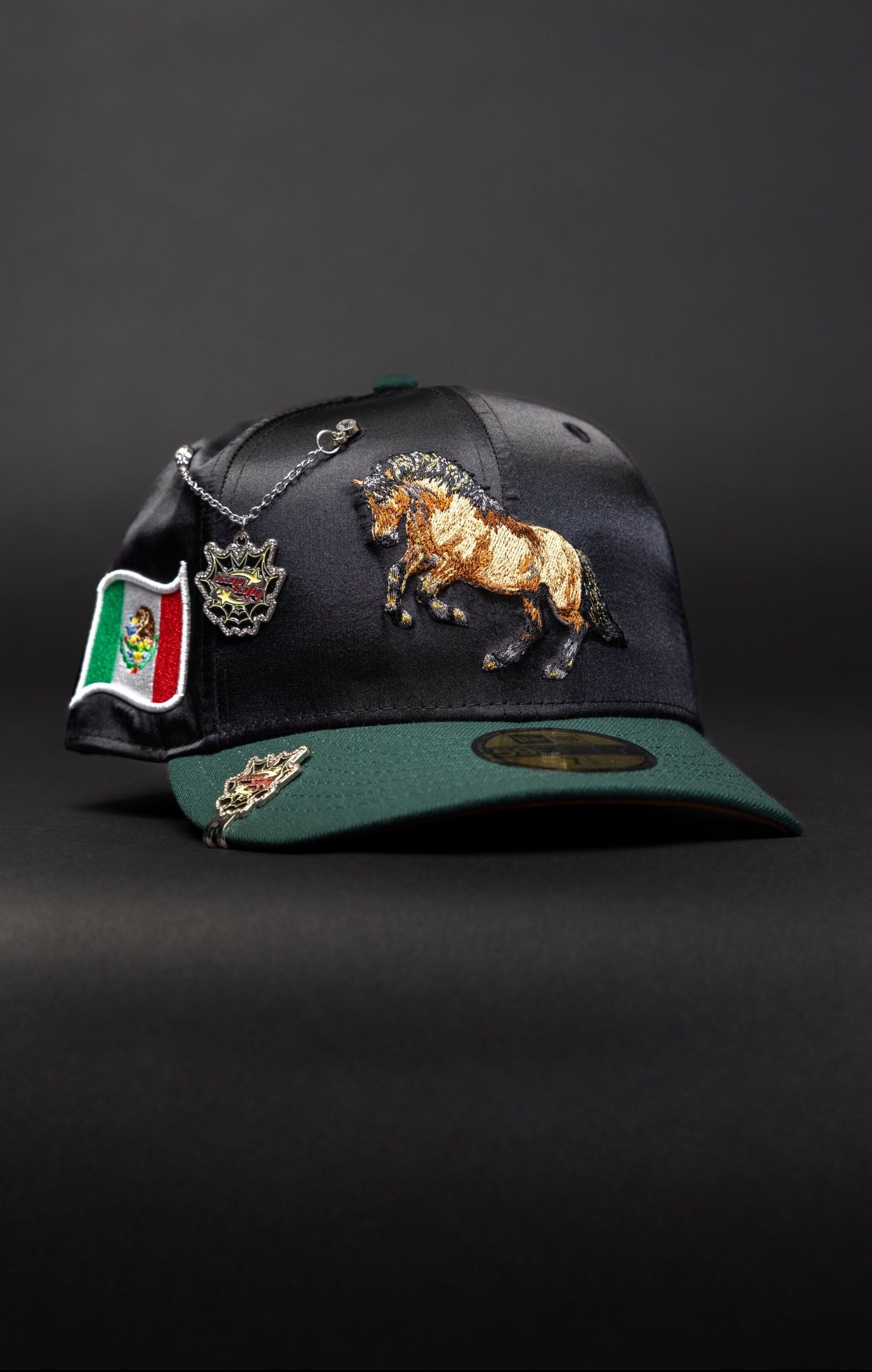NEW ERA EXCLUSIVE 59FIFTY SATIN/FOREST GREEN "EL CABALLO" W/ MEXICO FLAG SIDE PATCH