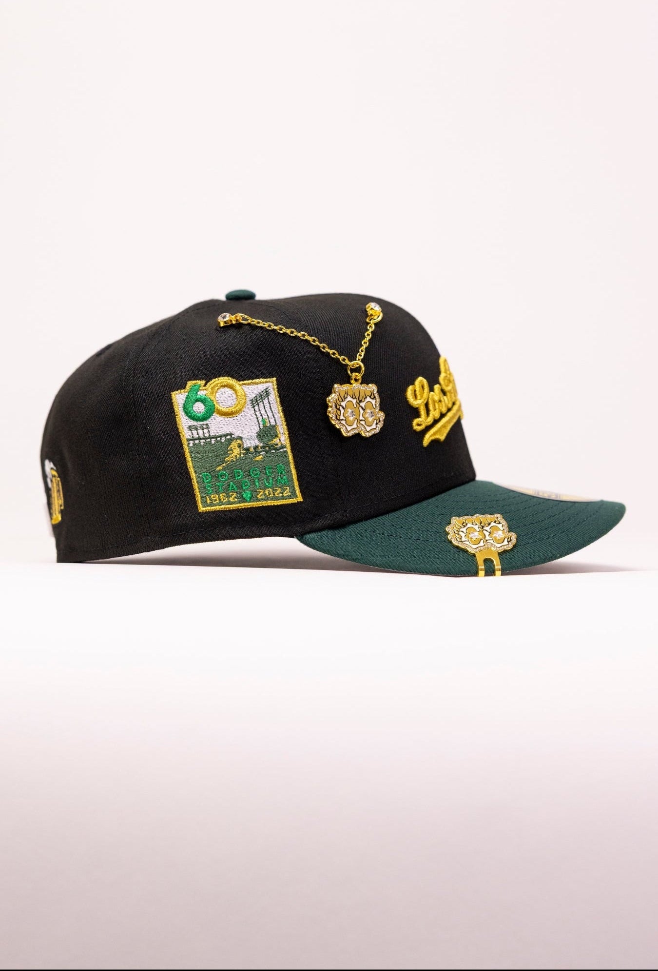 NEW ERA EXCLUSIVE 59FIFTY BLACK/FOREST GREEN LOS ANGELES DODGERS SCRIPT W/ DODGERS STADIUMSIDE PATCH