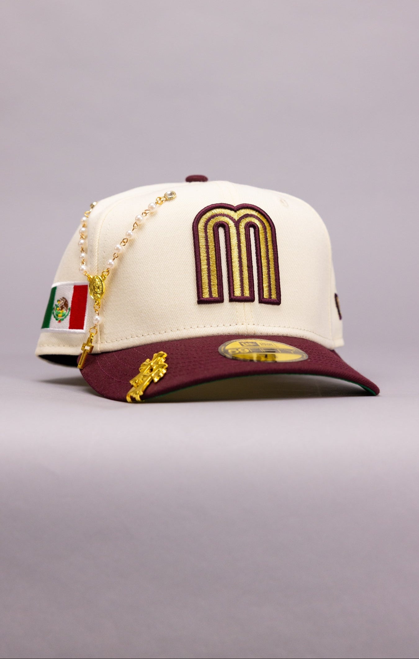 NEW ERA EXCLUSIVE 59FIFTY CHROME/BURGUNDY 2026 WBC MEXICO W/ "MEXICAN FLAG" SIDE PATCH