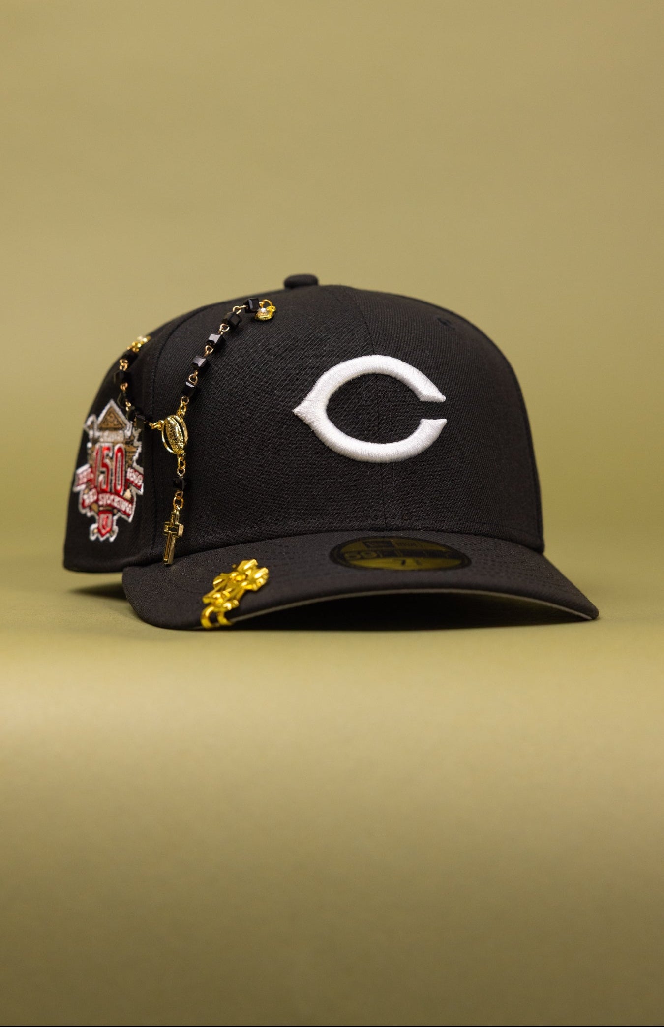 NEW ERA EXCLUSIVE 59FIFTY BLACK CINCINNATI REDS W/ 150TH ANNIVERSARY SIDE PATCH
