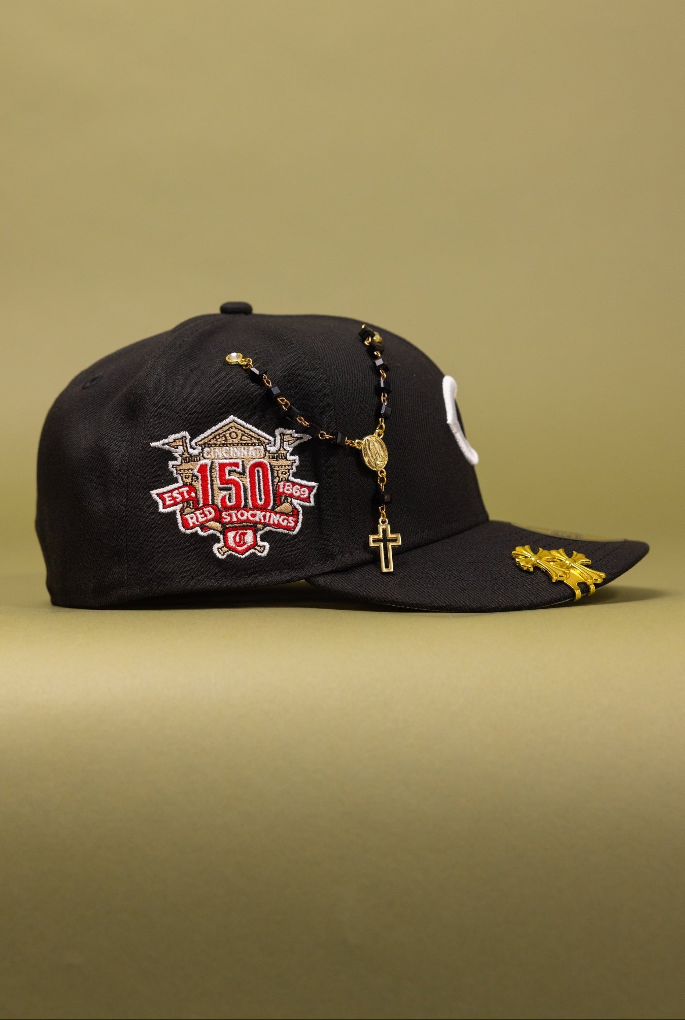 NEW ERA EXCLUSIVE 59FIFTY BLACK CINCINNATI REDS W/ 150TH ANNIVERSARY SIDE PATCH