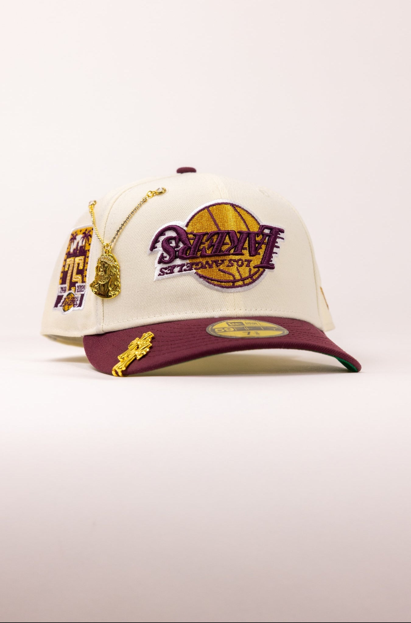 NEW ERA EXCLUSIVE 59FIFTY CHROME/BURGUNDY UPSIDE DOWN LOS ANGELES LAKERS W/ 75TH ANNIVERSARY SIDE PATCH