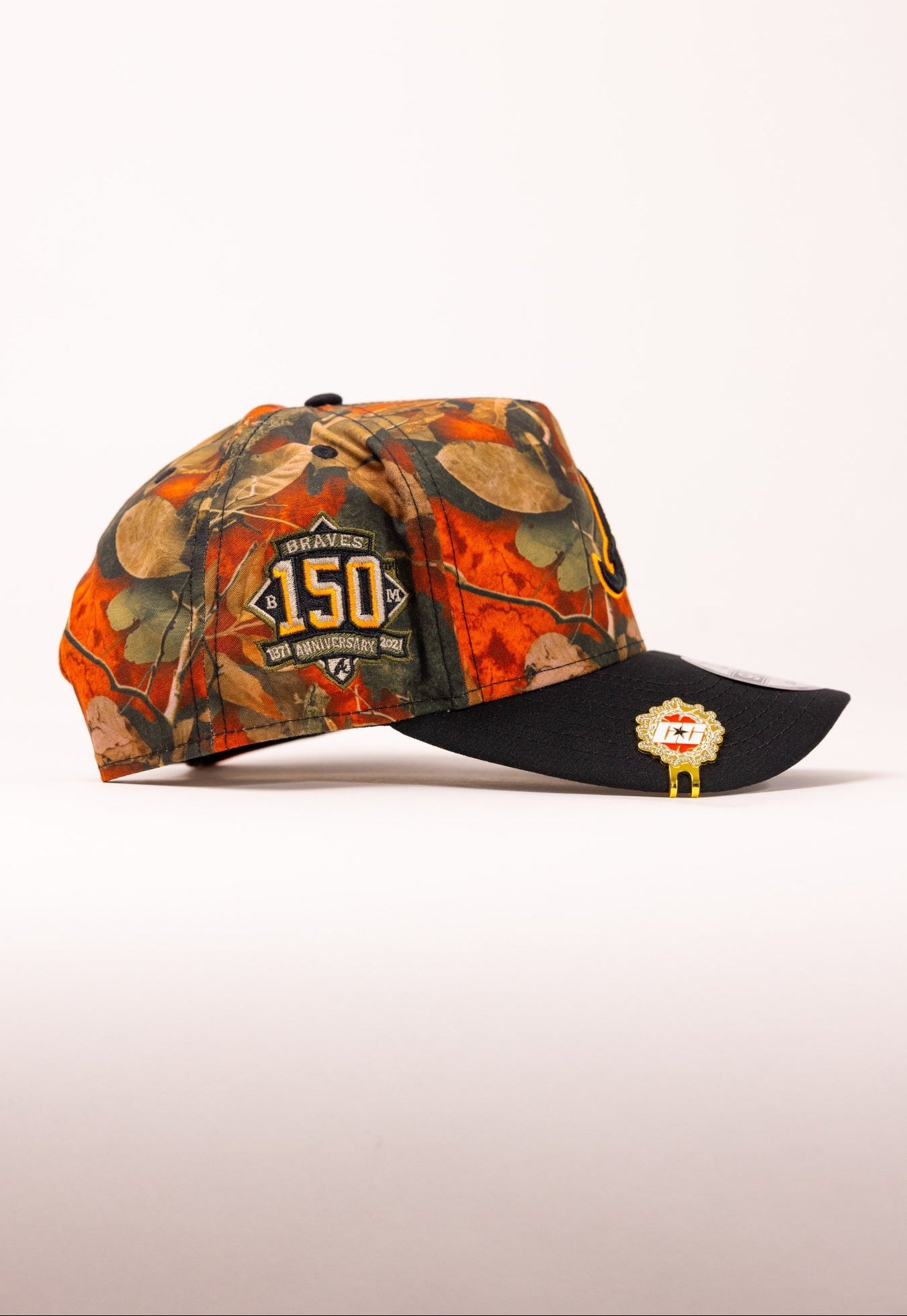 NEW ERA 9FIFTY A-FRAME REALTREE/BLACK ATLANTA BRAVES W/ 150TH ANNIVERSARY SIDE PATCH