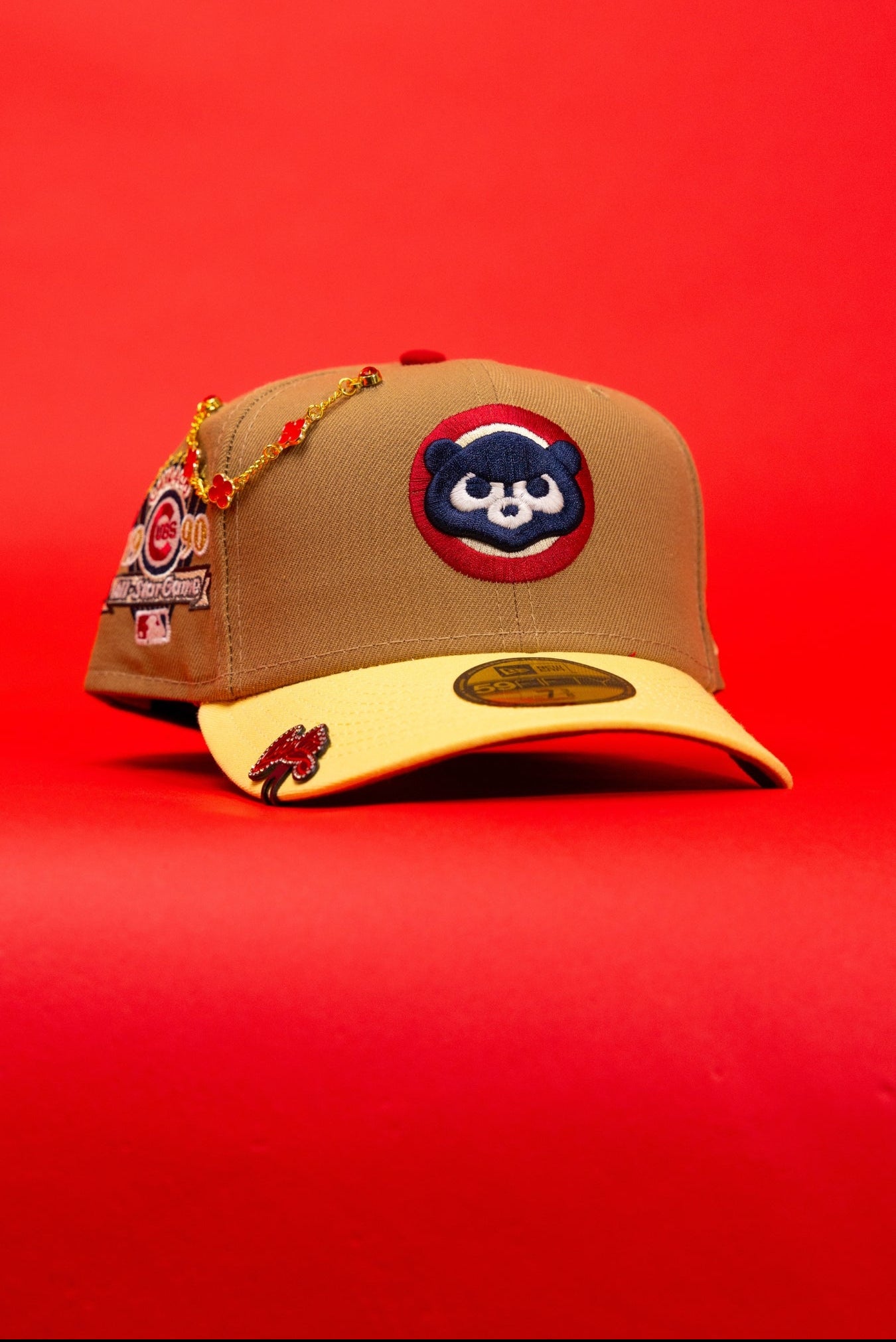 NEW ERA EXCLUSIVE 59FIFTY BEIGE/SOFT YELLOW CHICAGO CUBS W/ 1990 ALL STAR GAME SIDE PATCH