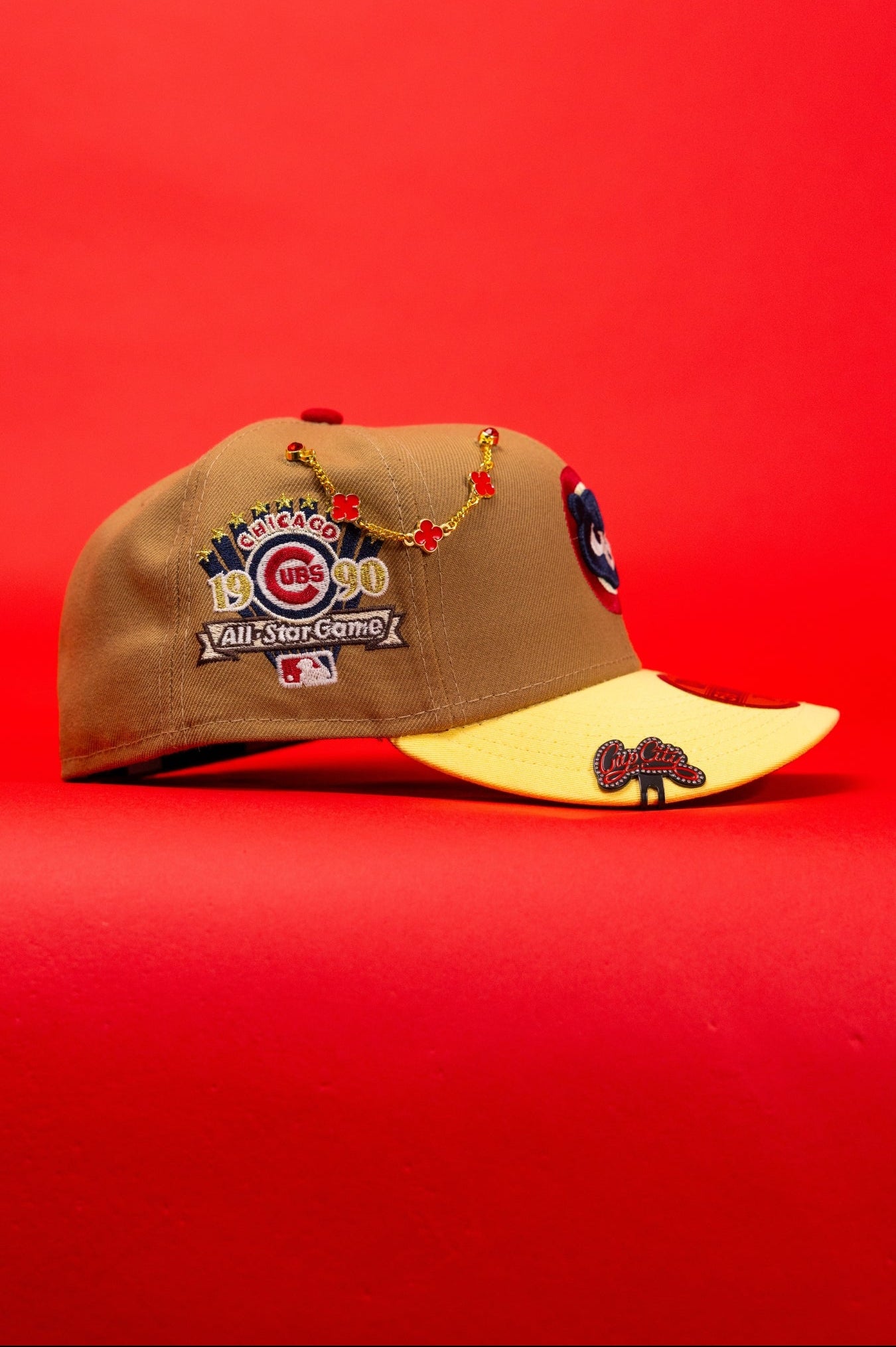 NEW ERA EXCLUSIVE 59FIFTY BEIGE/SOFT YELLOW CHICAGO CUBS W/ 1990 ALL STAR GAME SIDE PATCH