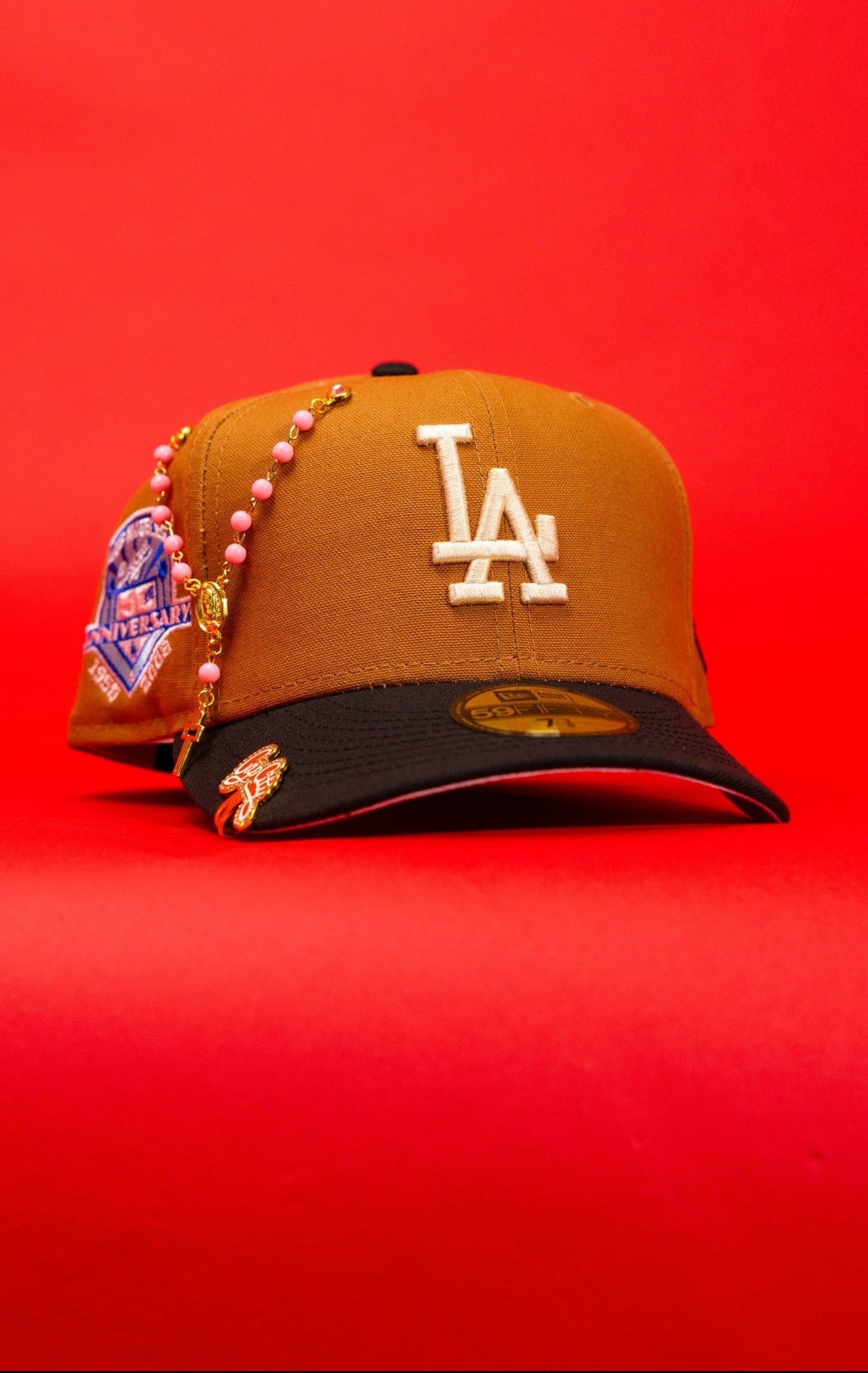 NEW ERA EXCLUSIVE 59FIFTY TAN/BLACK LOS ANGELES DODGERS W/ 50TH ANNIVERSARY SIDE PATCH
