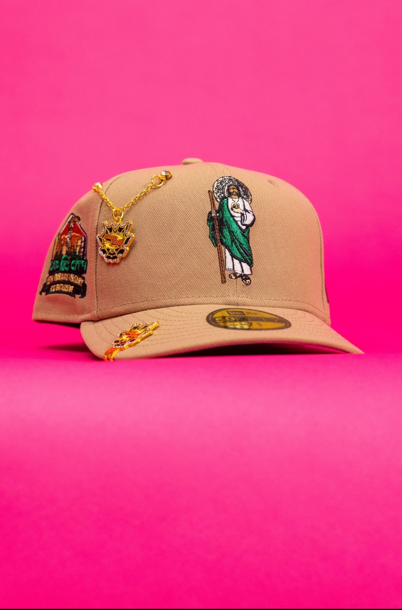 NEW ERA EXCLUSIVE 59FIFTY BEIGE "SAN JUDAS TADEO" W/ 15TH ANNIVERSARY SIDE PATCH