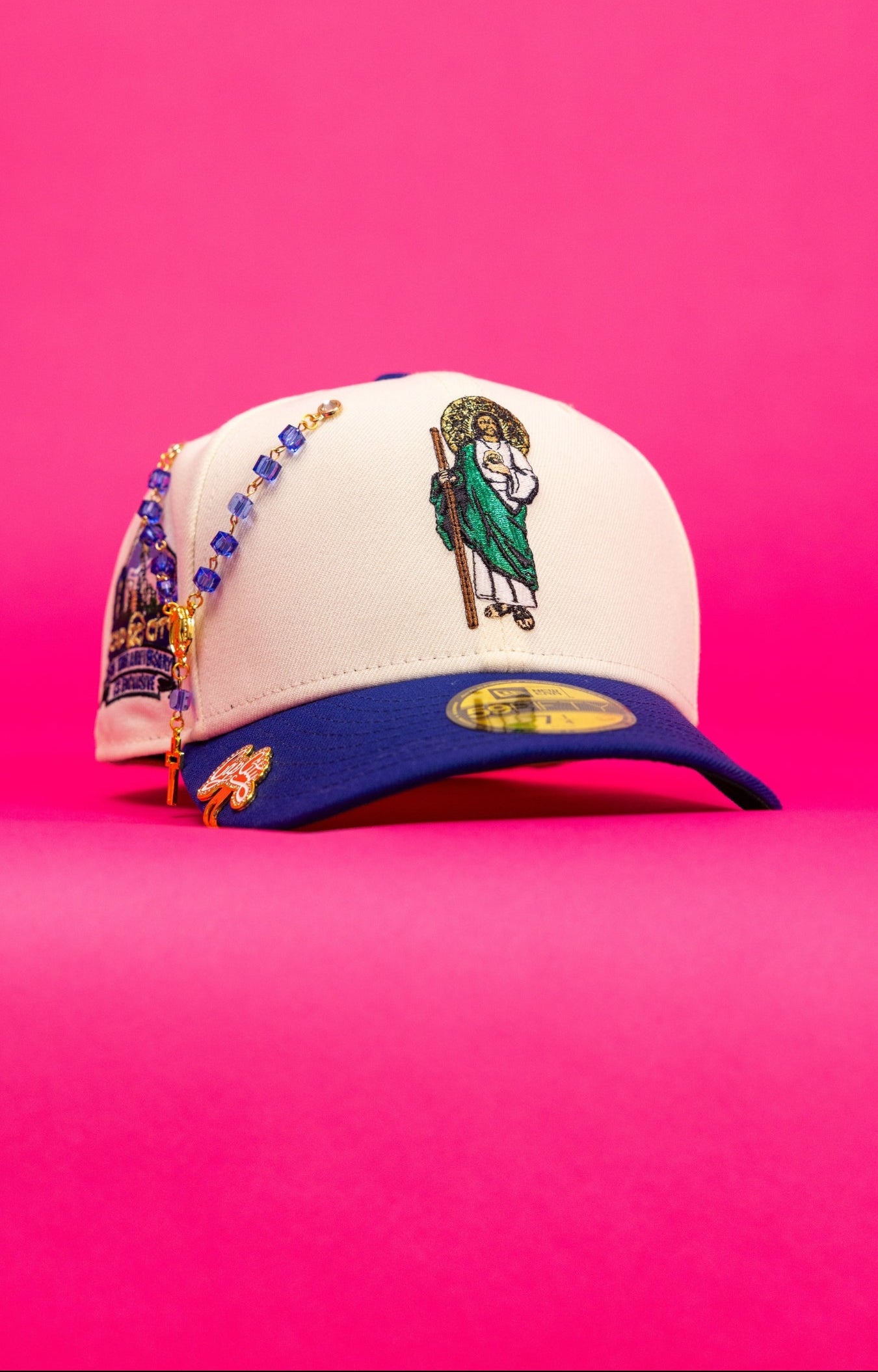 NEW ERA EXCLUSIVE 59FIFTY CHROME/BLUE "SAN JUDAS TADEO" W/ 15TH ANNIERSARY SIDE PATCH