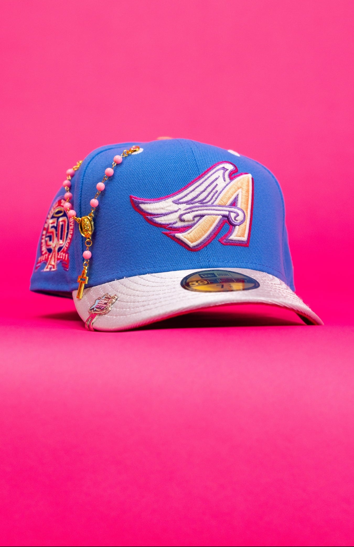 NEW ERA EXCLUSIVE 59FIFTY BLUE/SILVER ANAHEIM ANGELS W/ 50TH ANNIVERSARY SIDE PATCH