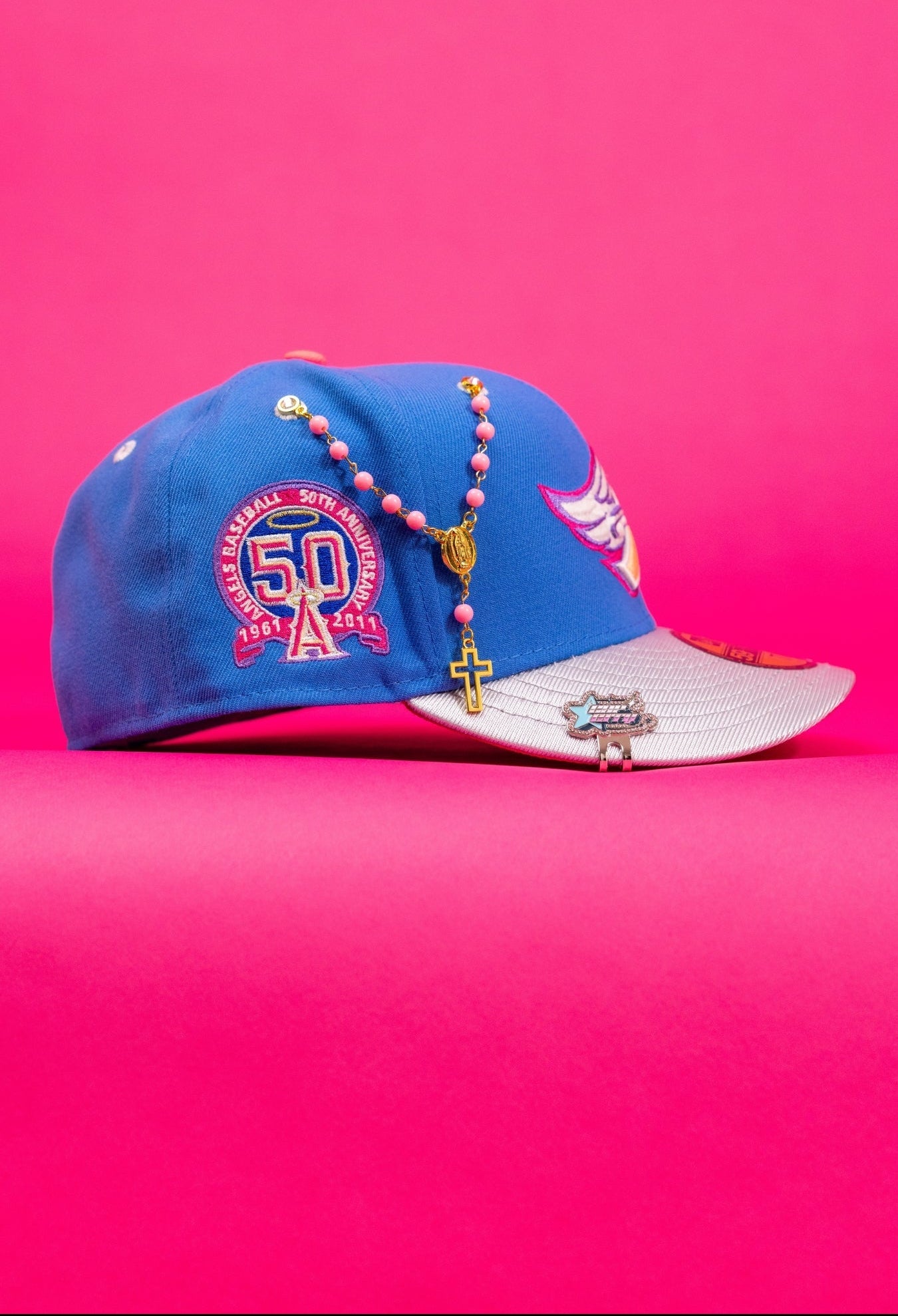 NEW ERA EXCLUSIVE 59FIFTY BLUE/SILVER ANAHEIM ANGELS W/ 50TH ANNIVERSARY SIDE PATCH