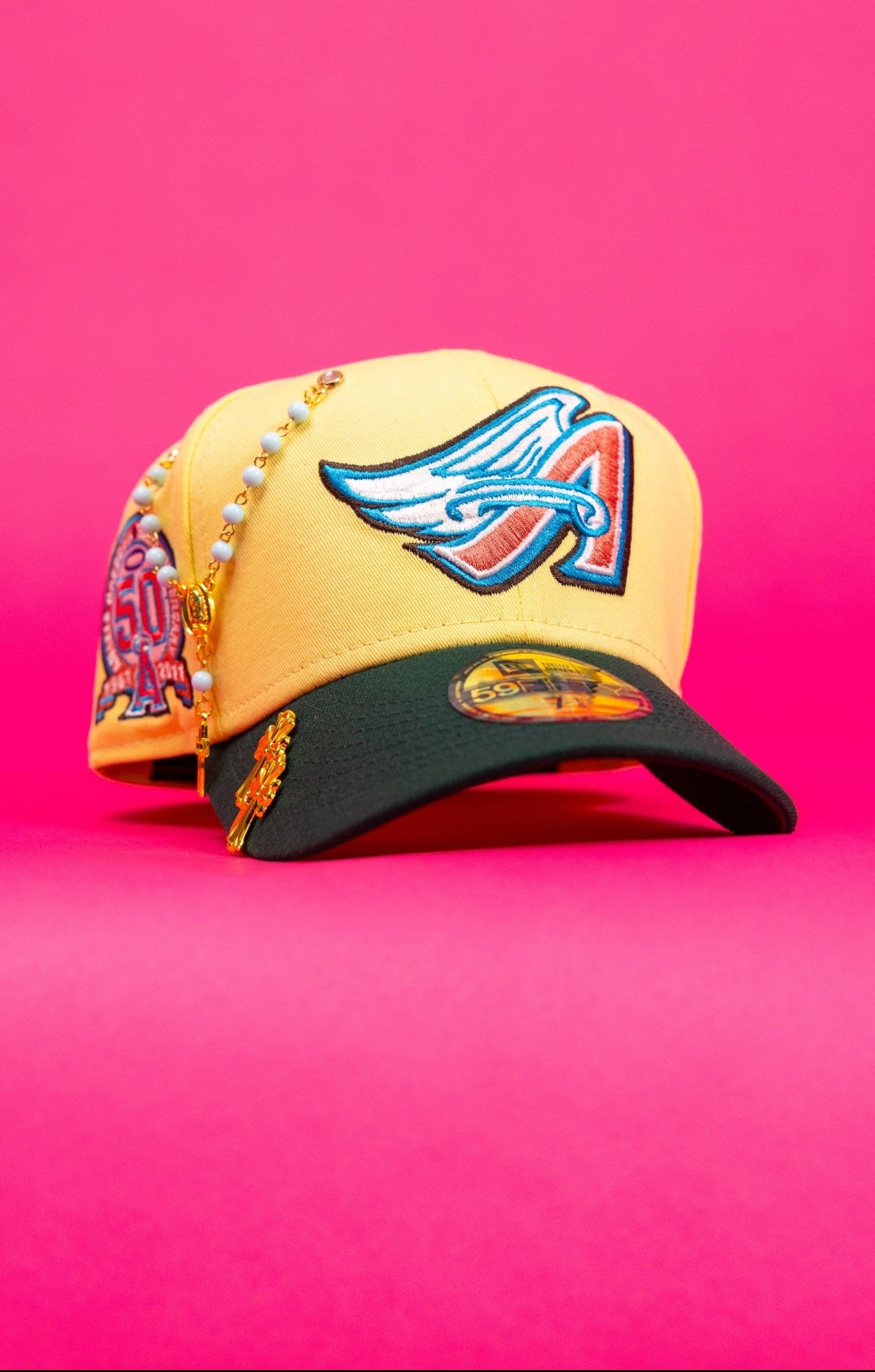 NEW ERA EXCLUSIVE 59FIFTY SOFT YELLOW ANAHEIM ANGELS W/ 50TH ANNIVERSARY SIDE PATCH