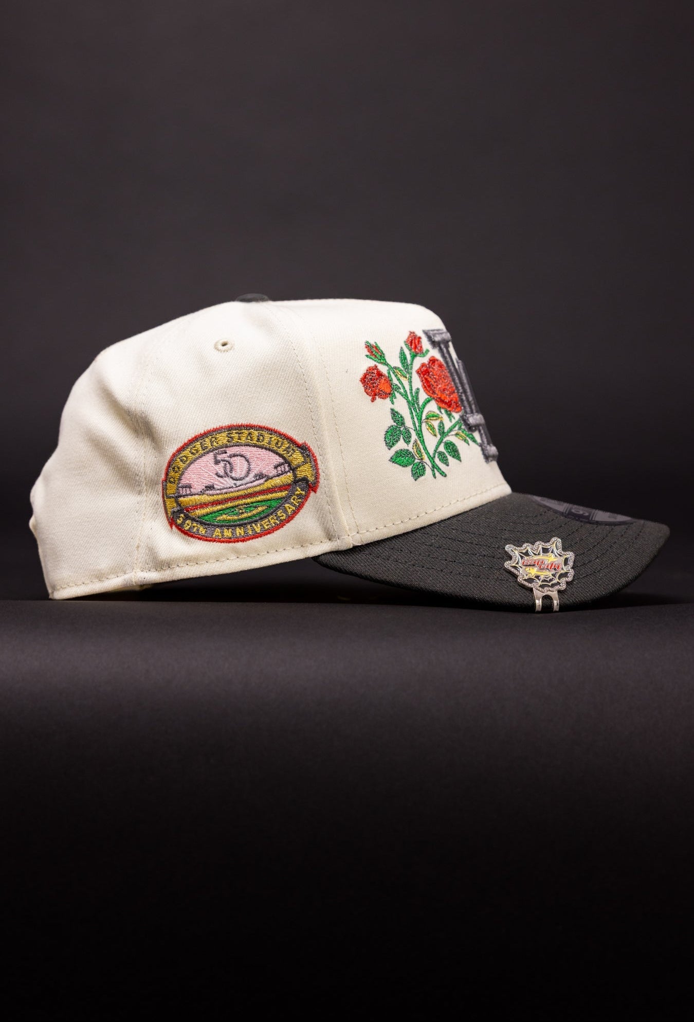 NEW ERA 9FIFTY A-FRAME CHROME/BLACK LOS ANGELES DODGERS SNAPBACK W/ BLOOMING ROSE + 50TH ANNIVERSARY SIDE PATCH