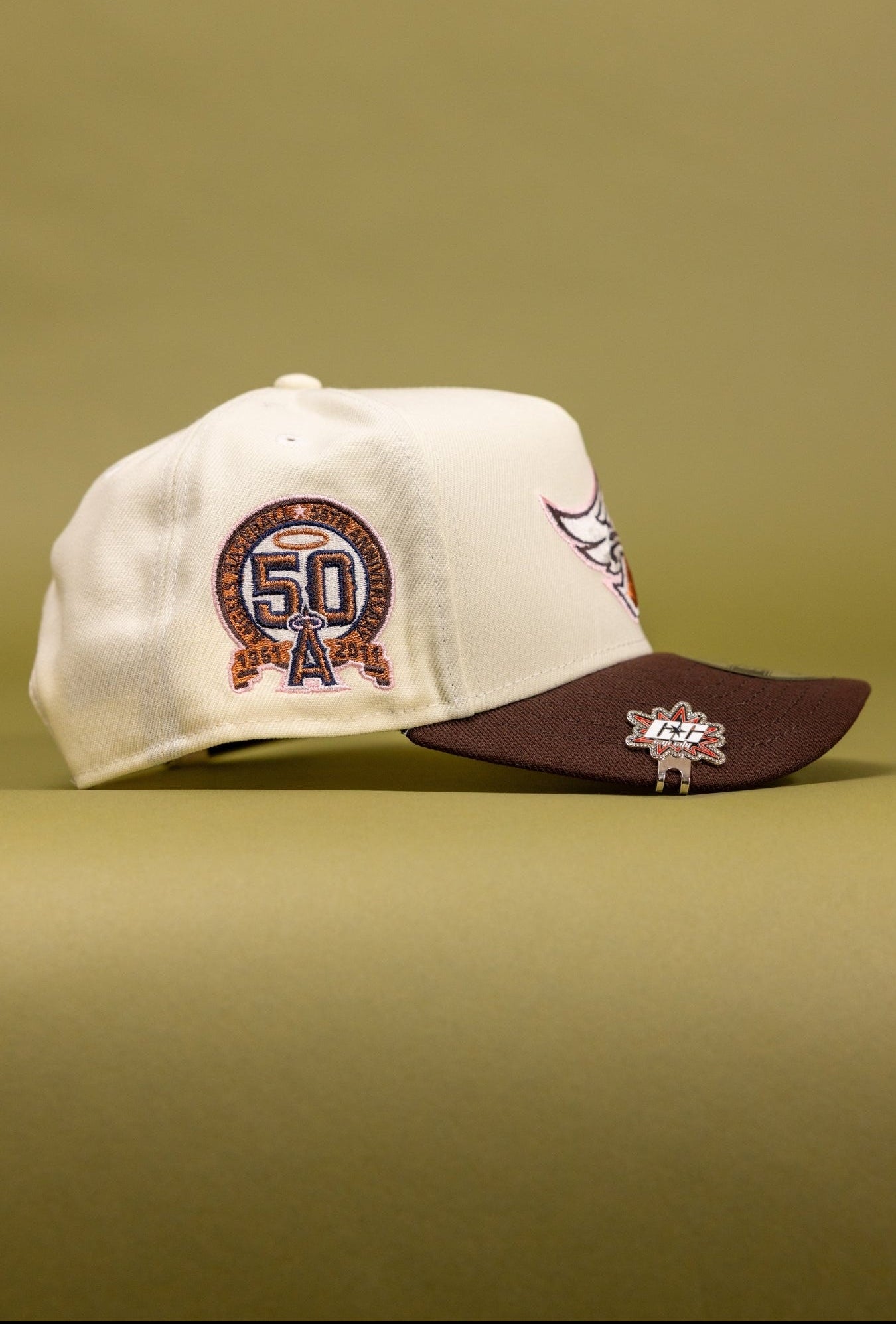 NEW ERA 9FIFTY A-FRAME CHROME/BROWN ANAHEIM ANGELS SNAPBACK W/ 50TH ANNIVERSARY SIDE PATCH