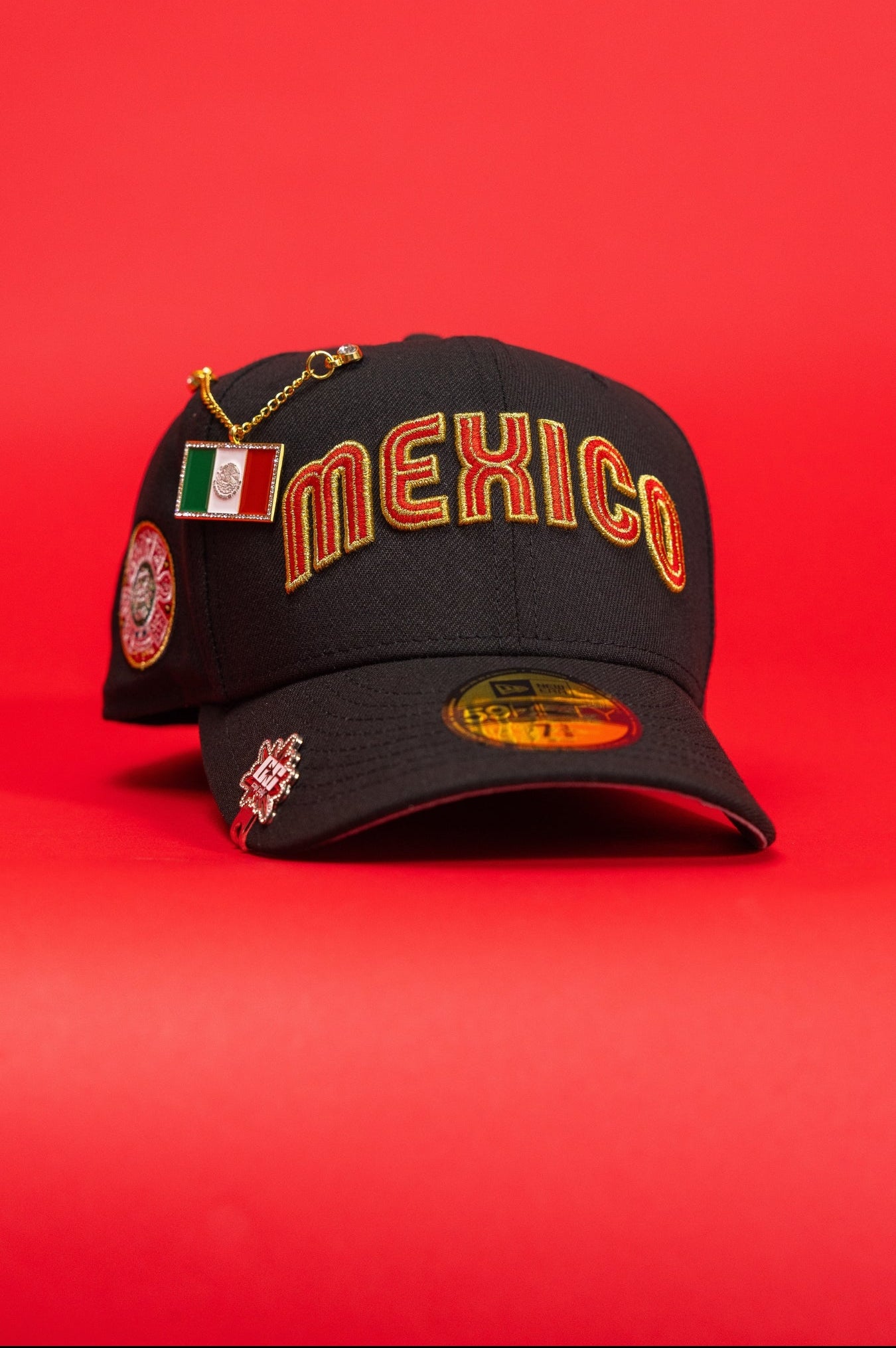 NEW ERA EXCLUSIVE 59FIFTY BLACK 2026 WBC MEXICO SCRIPT W/ "AZTEC CALENDER" SIDE PATCH