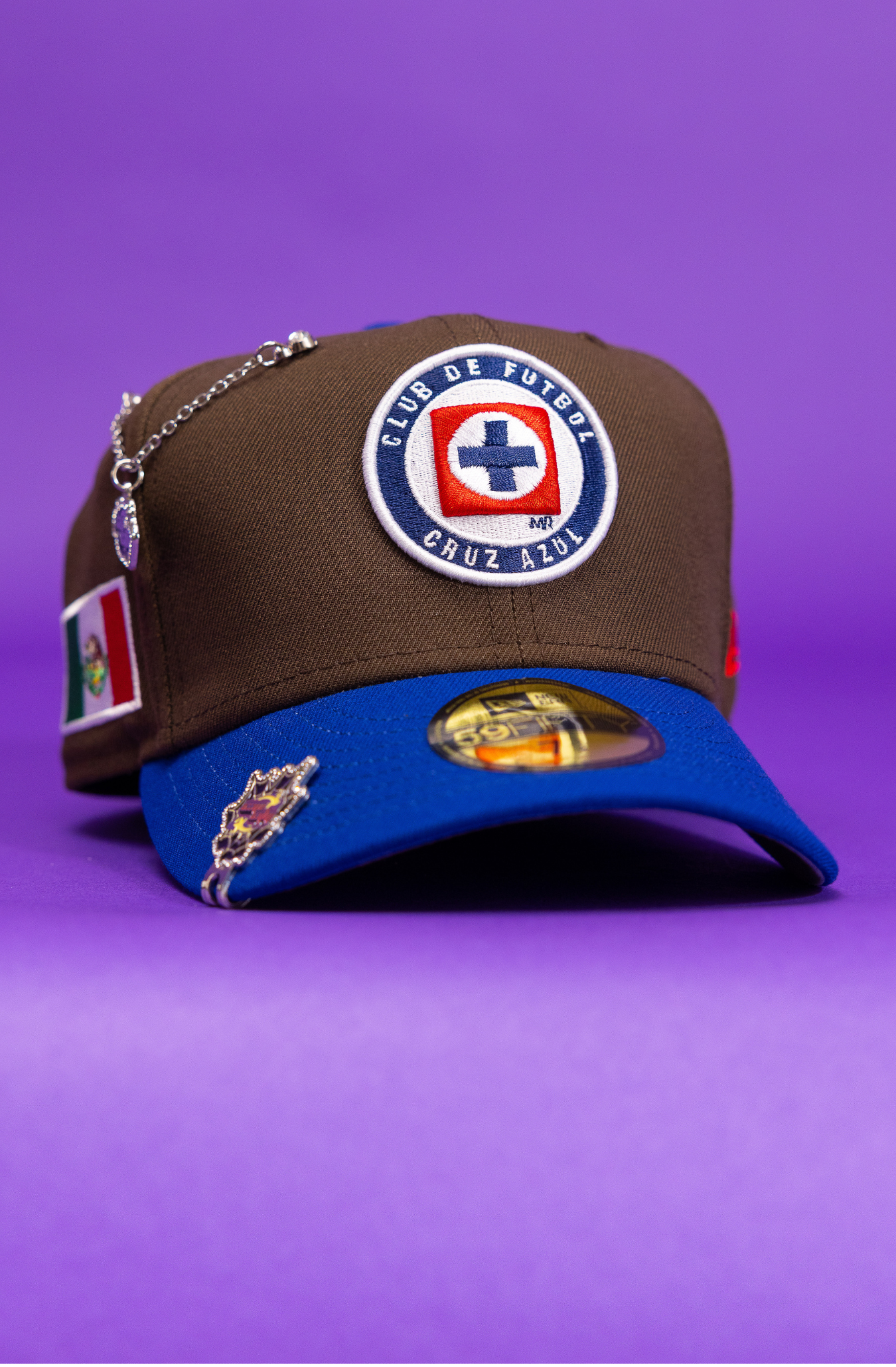 New Era Exclusive 59Fifty Brown/Blue Club Cruz Azul W/ Mexico Flag Side Patch