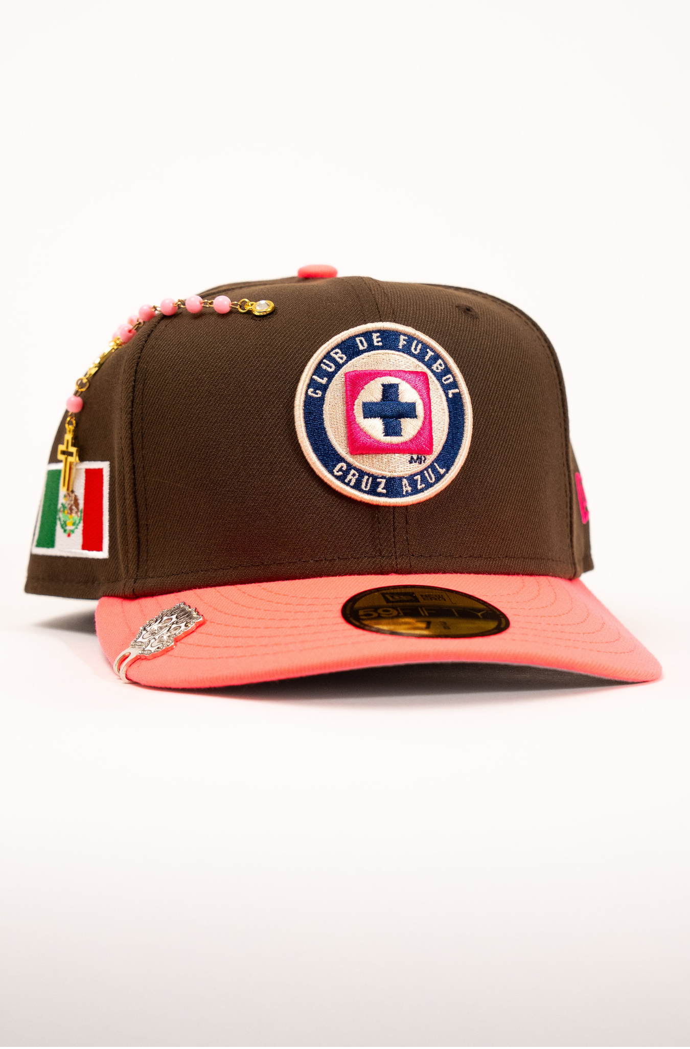 New Era Exclusive 59Fifty Brown/Pink Club Cruz Azul W/ Mexico Flag Side Patch