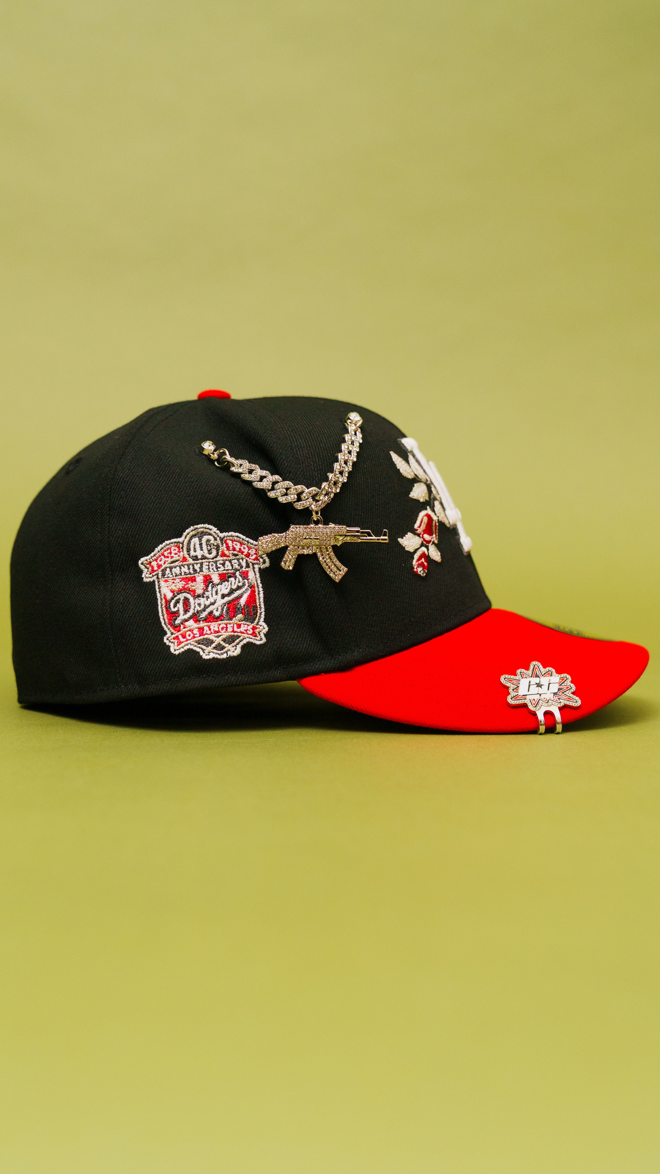 New Era Exclusive 59Fifty Black/Red Los Angeles Dodgers W/ Red Rose + 40th Anniversary Side Patch