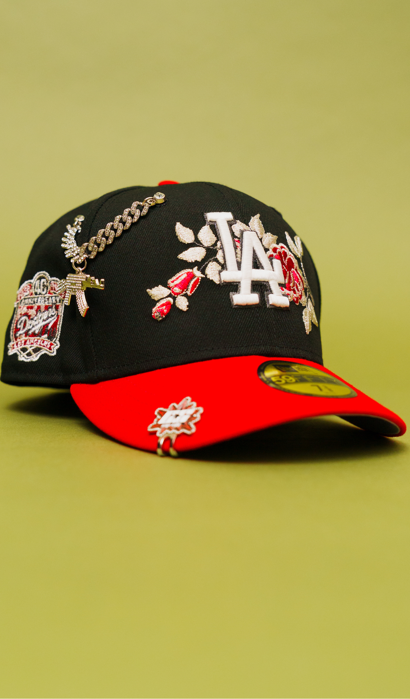 New Era Exclusive 59Fifty Black/Red Los Angeles Dodgers W/ Red Rose + 40th Anniversary Side Patch