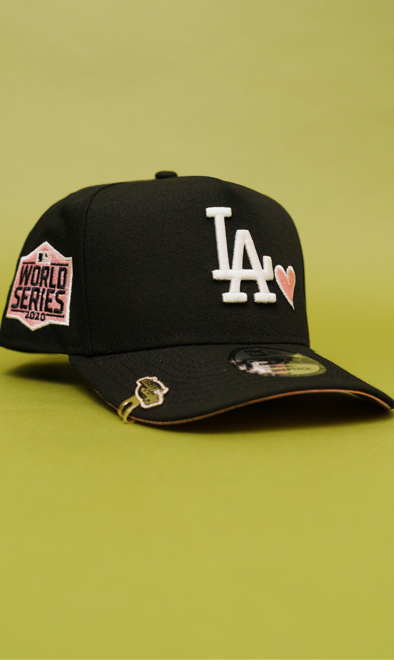 New Era 9Fifty A-Frame Black Los Angeles Dodgers Snapback W/ Pink Heart + 2020 World Series Side Patch